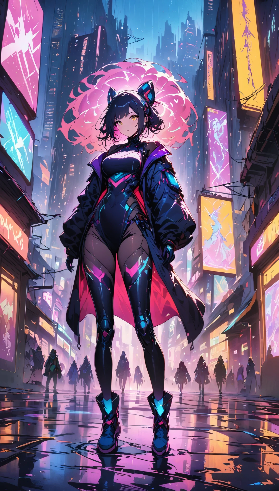 high-res,detailed cyberpunk female sorceress,cybernetic enhancements,glowing neon eyes,futuristic cityscape,levitating floating orbs,arcane symbols,flowing magical robes,dystopian atmosphere,misty alleyway,synthetic materials,gritty cyberpunk aesthetic,intense magical spells,dimly lit streets,energetic power surges,hovering drone cameras,high-tech staff,ethereal presence,urban decay,neon-lit signs,technological advancements,enchanted tattoos,interactive holographic displays,wisps of magic in the air,imposing skyscrapers,blurred reality,advanced cybernetic society,surrounded by flickering holograms,global megacity,innovative cyber spellcasting,robotic companions,bionic limbs,blending technology and magic,enchanted cybernetics