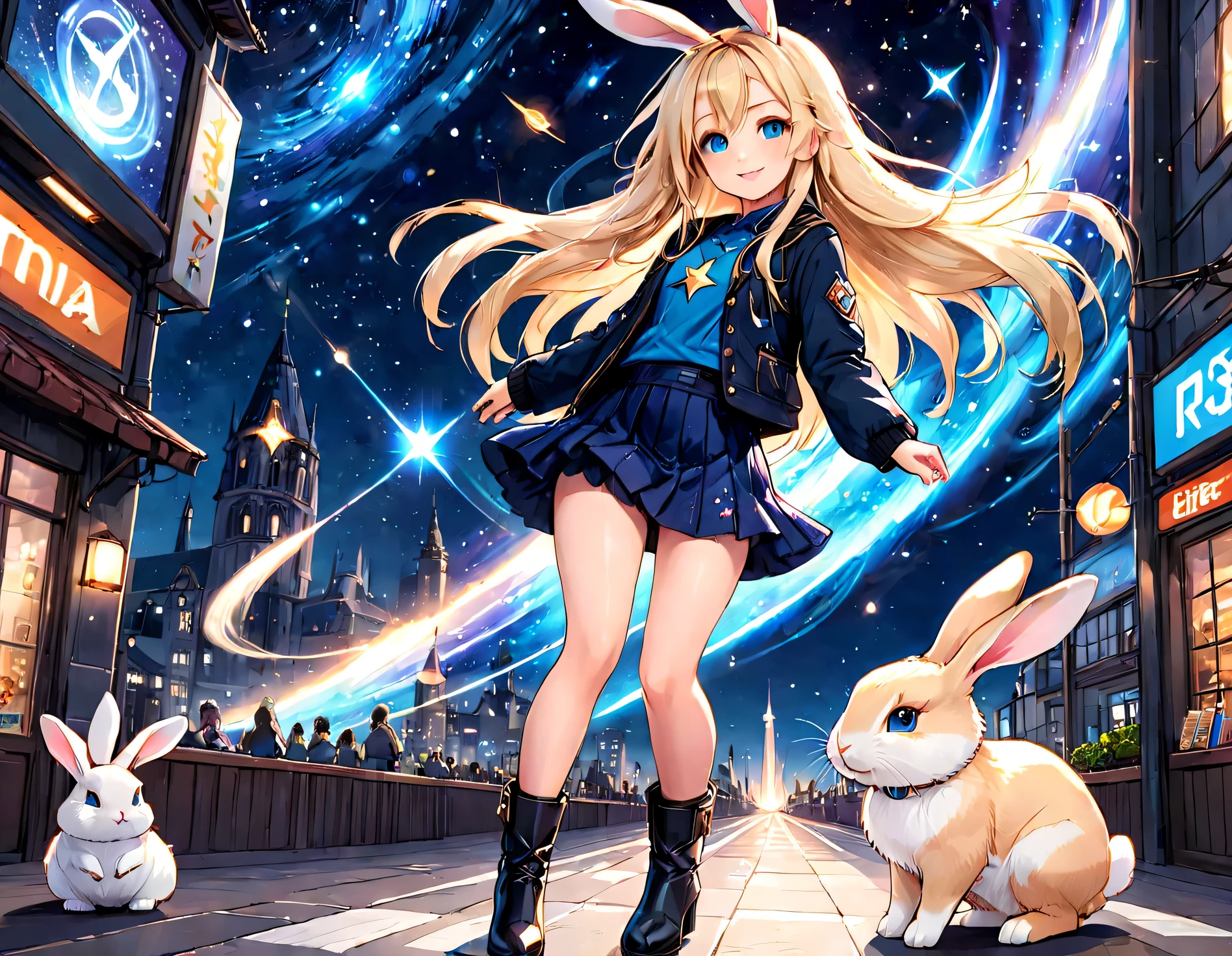 Otherworldly city:1.0,full body description:1.0,beautiful feet:1.1,rabbit pet,mini skirt,smile,1 beautiful girl and 1 rabbit,blue eyes:1.2,universe,long hair fluttering in the wind:1.1,(blonde hair,length to waist,Detailed depiction of hair),(8K high quality),small face,Knee-high boots,Heel,shooting star,meteor,wink:1.2,unparalleled beauty,