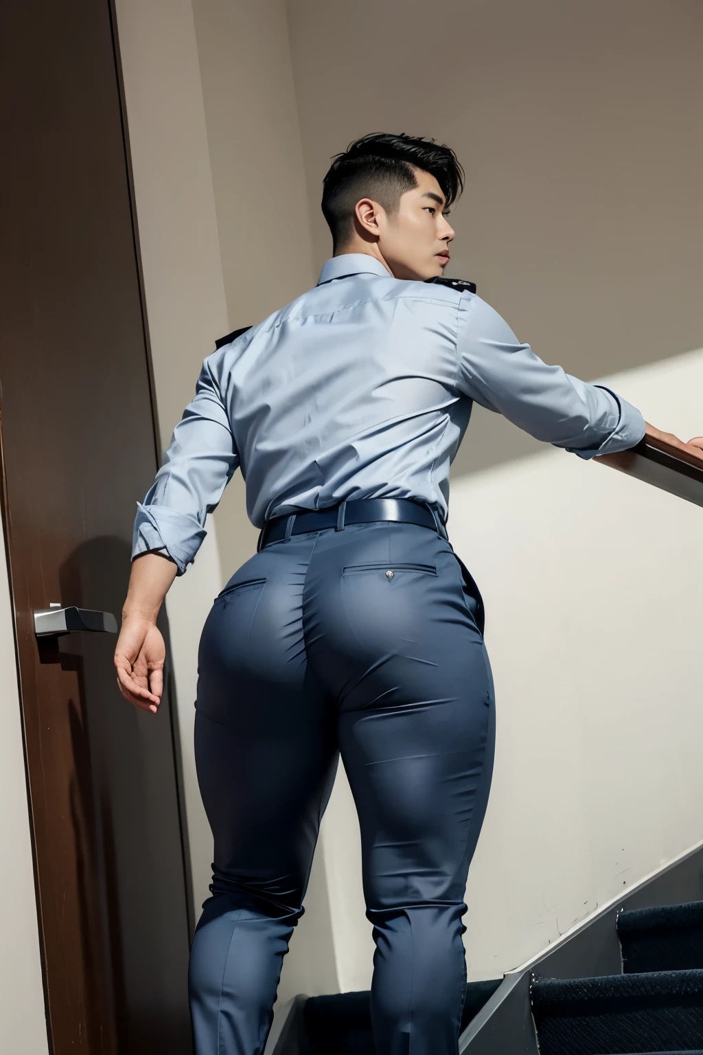 40-year-old boy ,Korean bulky male officer ,Wear navy blue police uniform shirt................ light grey satin smooth tight trouser, transparent pants obvious underwear print ,((unrealistic super big tight butt wearing pants)), walking up stairs, camera from low angle looking up