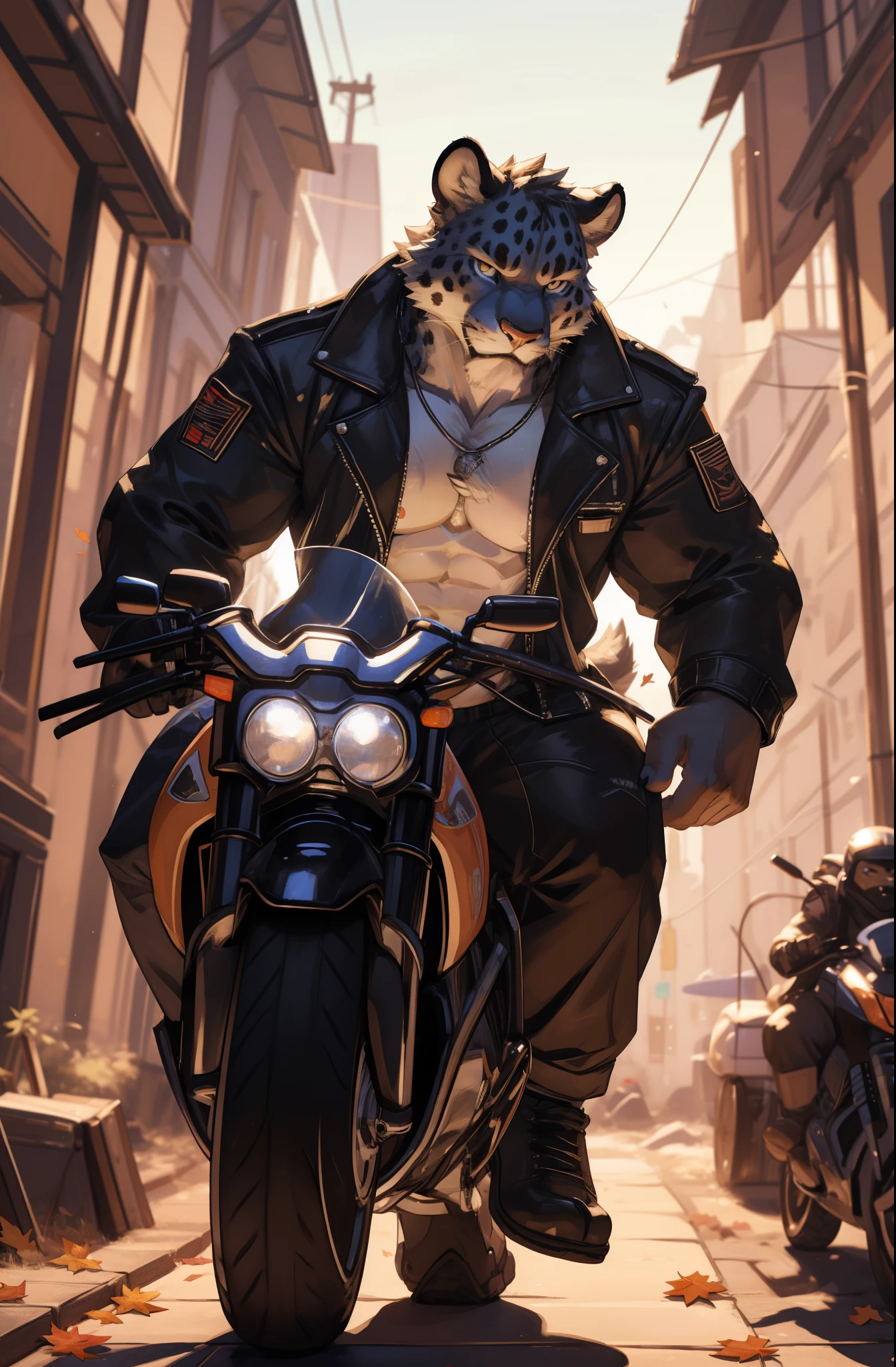Masterpieces, furry, male, kinky, Anthropomorphic, full body, old age, rugged, black wolf, proper fit body type, Delicate eyes, white goatee, grizzled fur, glistening body, biker, thug, ebony skin, depth of field, warm lighting, bright lighting, (best quality),(masterpiece),(ultra detailed), sharp focus, night city background, fierce look, evil grins, scars, glossy, oiled up skin, black trousers, tight tanktop