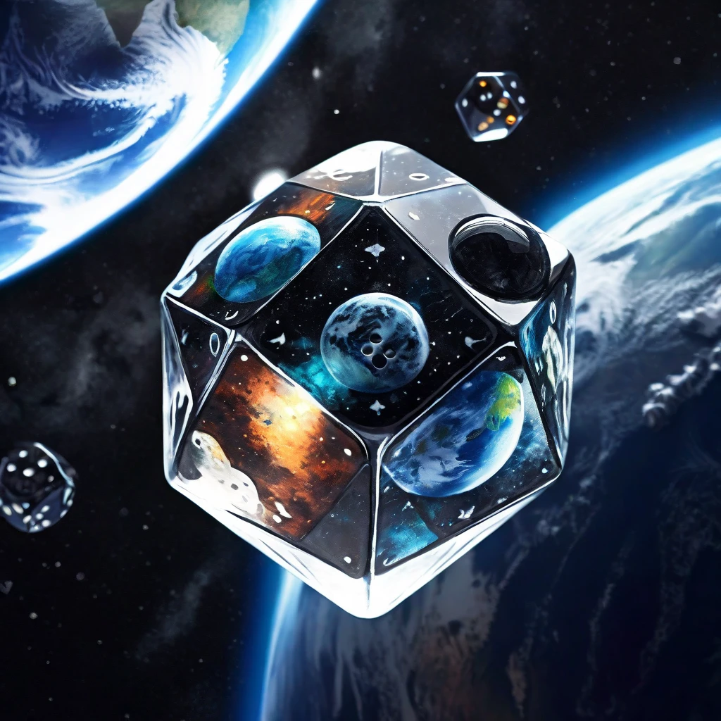 Antique black dice, in dynamic flight around planet Earth in space, captured in a double exposure style, watercolor by Greg Rutkowski, hyperrealism, hyperdetailed, gloomy atmosphere, dramatic, 32k resolution, trending on ArtStation, sharp focus, studio photo, intricate details, highly detailed.  rendering in Unreal Engine, acrylic texture adding depth, grunge aesthetic filling character, ultra HD, bright colors, high detail, UHD pen and ink, perfect composition, intricate, high quality, masterpiece. best quality,, super detail