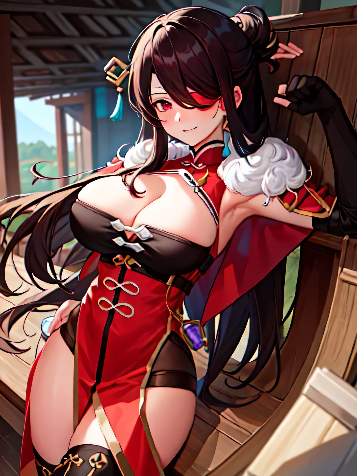 1 girl, highest quality, masterpiece, High resolution, one person in, {Beidou_Genshin:1.15}, length_hair, eyepinch, red_eyes, Brown_hair, hair_ornament, hair_that's all_One_eye, chest, One_eye_covered, hairpin, smile, hair_stick, jewelry, front hair, earrings, big_chest, cleavage, 1 girl, Chinese_Clothes, gloves, looking for_in_viewer, fingerless_gloves, fur_trim, black_gloves, Holding armpit pose, Broke up_lips blowjob, squat,big penis,throw, breast press, Completely naked, (how:1.5), :>=