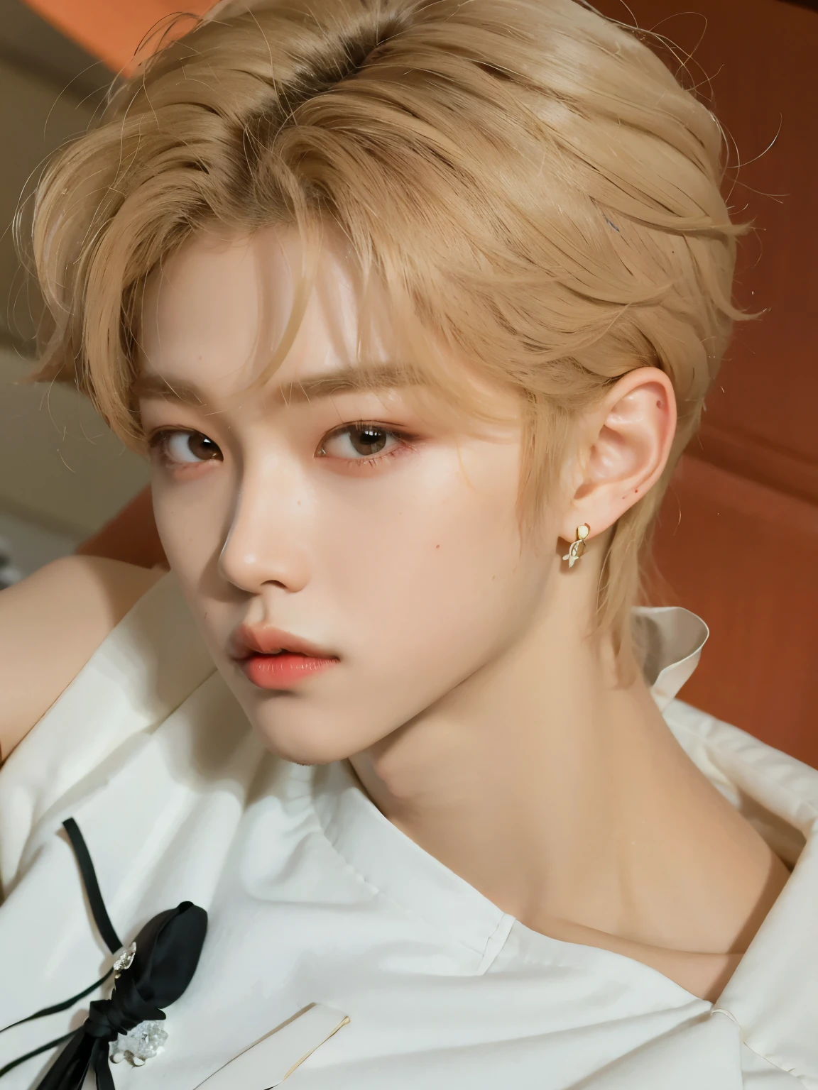 un primer plano de una persona con una camisa blanca y una corbata negra, Cai Xu Kun, kpop idol portrait, retrato de jossi de blackpink, kim taejin, hyung tae, todos del grupo nct, marca lee, inspirado en Bian Shoumin, yanjun chengt, pale korean adorable face, Jimin\his right eyelid is swollen, Jimin