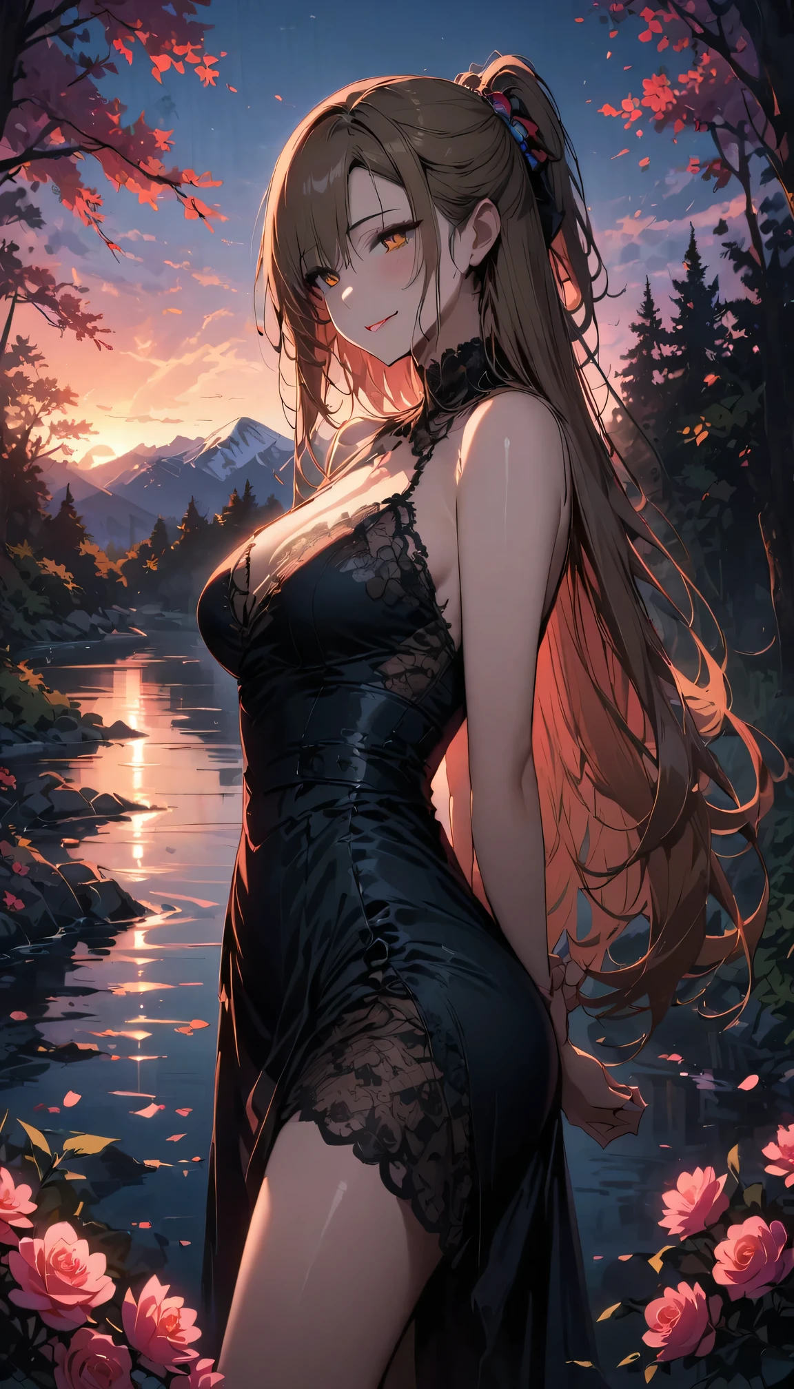 Asuna, masterpiece, best quality, detailed, (1 girl), alone, detailed golden eyes, long hair, permanent, Be close to the audience, (detailed kimono), faint smile, medium breasts,  (Put your arms behind your back), water, Sunset, (hair accessories), (cherry blossoms in bloom),  Snowy mountains and lake in the background