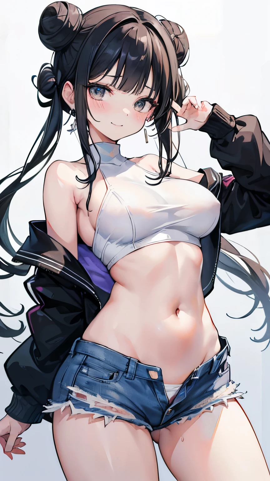 (8K、Highest image quality、best quality、masterpiece)、Detailed face、1 girl、,large breasts,black hair、((single bun))、blunt bangs、gray eyes、earrings、smile showing teeth、The chest is moderate、white sweater、Off the shoulders、Strapless、long sleeve、belly button、Denim shorts、Cowboy shooting、fluid in ass、Fluid on the thighs、flowing liquid(Attractive ass:1.2),、exposed、disheveled、Clothing that fits snugly,exposed的胸部、(((Wet clothing))),tube top,(((ultra-thin clothing))),(Body model),((body outline)),(Stride),grinning, blush,Hyperactive expression,Rubbing hands on crotch,vulva contour,saliva,