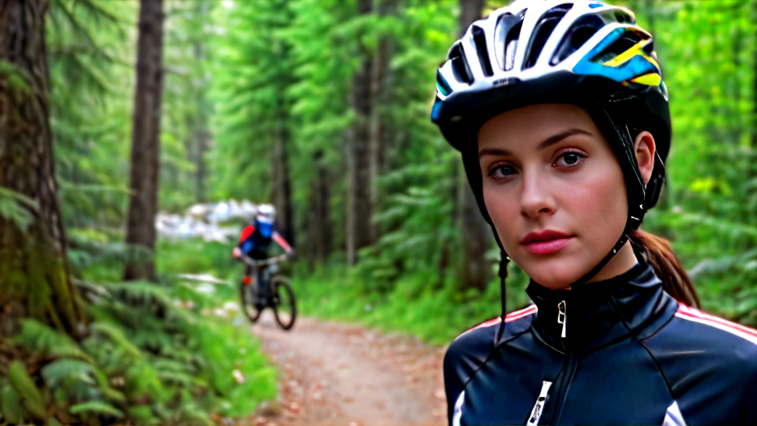 (The clothes remain the same,2)There is a woman wearing a helmet and a bicycle in the woods, Portrait shoot, mountain bike helmet, Posing for photos, Photo of a female cyclist, riding, helmet view, close up Portrait shoot, # Movie, medium shot, pov photo, looking at camera, looking into camera, Still photos, POV shooting, inspiring, close portrait, Close up shot