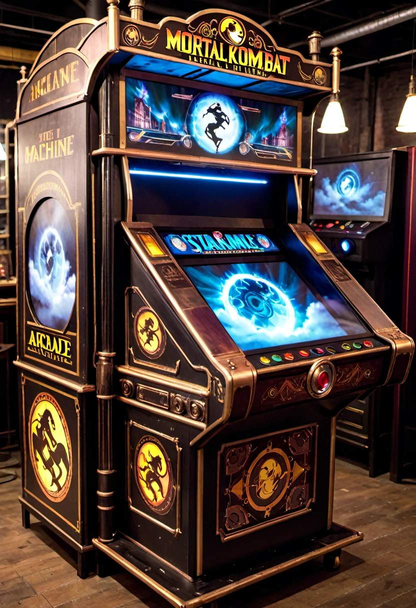 Mortal Kombat arcade game, made in 1800s England, steampunk machine, holographic gameplay projected on a cloud of steam

