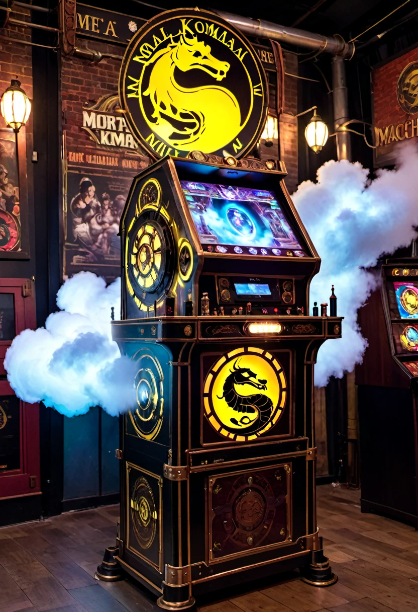 Mortal Kombat arcade game, made in 1800s England, steampunk machine, holographic gameplay projected on a cloud of steam
