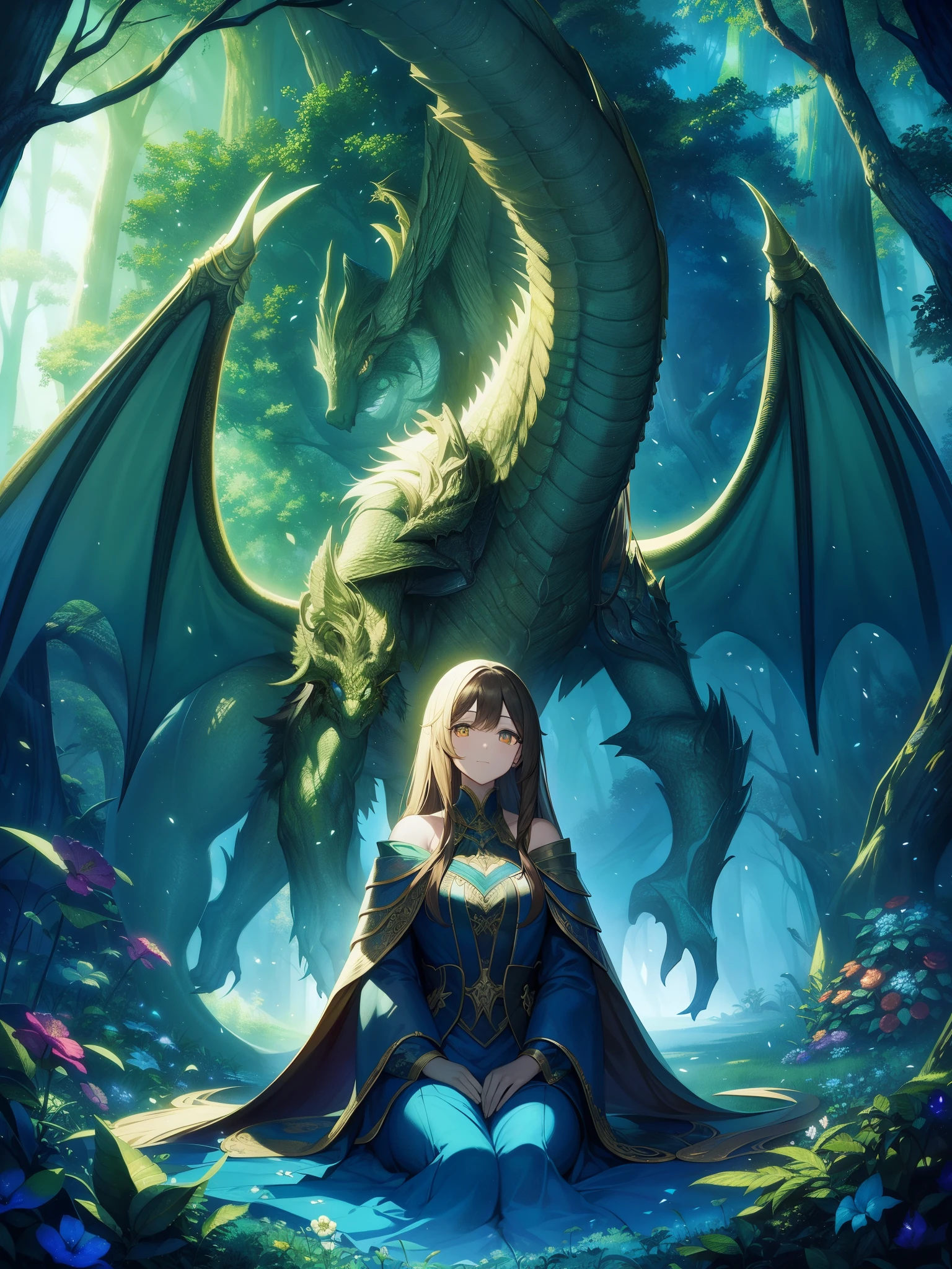 
chiaroscuro、Eyes shining in detail、A giant winged creature in an enchanted forest glade [dragon:tiger:28]、night、dappled light、Poster Art、Super detailed