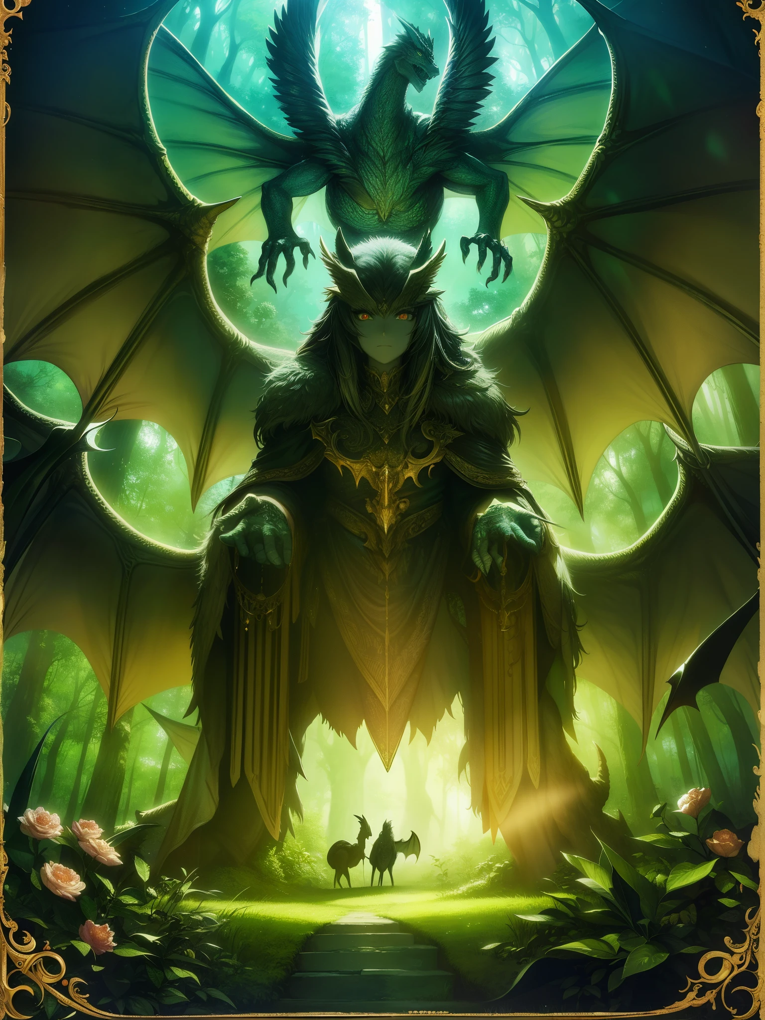 
chiaroscuro、Eyes shining in detail、A giant winged creature in an enchanted forest glade [dragon:tiger:28]、night、dappled light、Poster Art、Super detailed