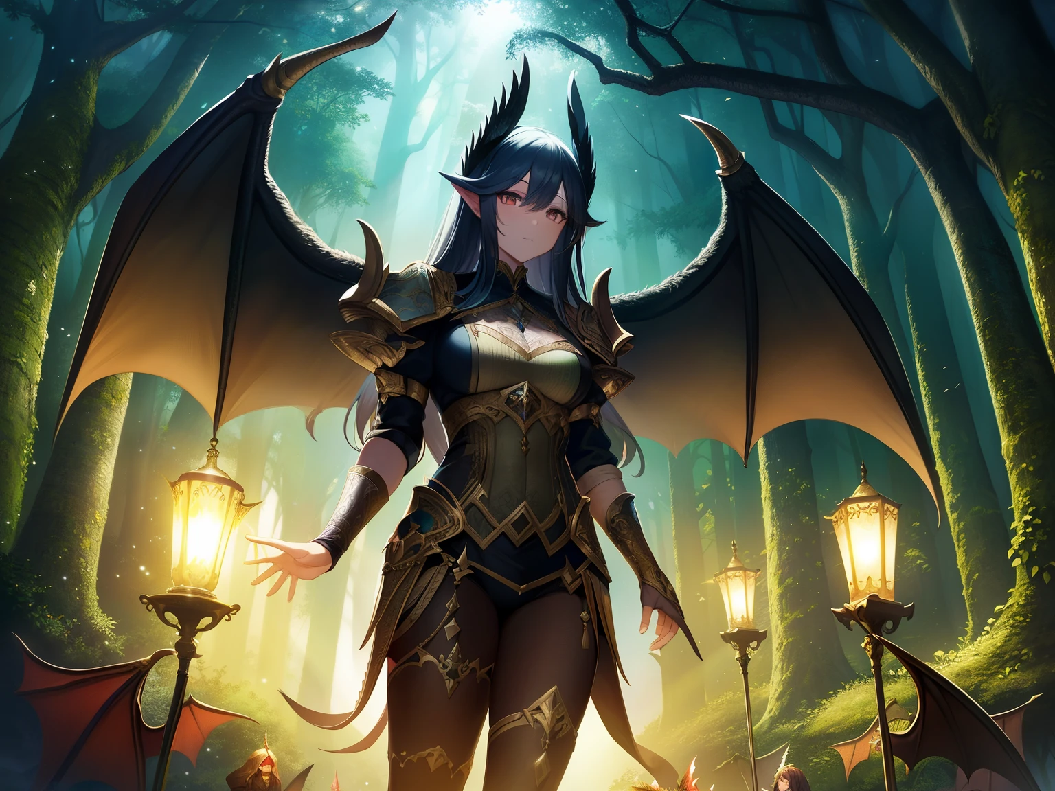 
chiaroscuro、Eyes shining in detail、A giant winged creature in an enchanted forest glade [dragon:tiger:28]、night、dappled light、Poster Art、Super detailed
