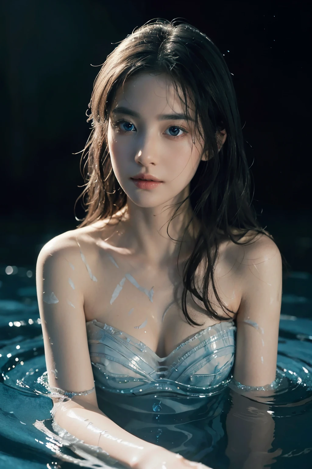 Seven part photos, masterpiece, best quality, official art, Extremely detailed CG 8k wallpaper,(flying petals)(Detailed ice) ,  cleavage，water晶质感皮肤, cold expression, white hair, long hair, messy hair, blue eyes, looking at the audience, extremely delicate and beautiful, water,  ((Beautiful and delicate eyes)), Very detailed, movie lighting,((pretty face),fine water surface, (original figure painting), Super detailed, Very detailed,  (extremely delicate and beautiful), Beautiful and delicate eyes, split