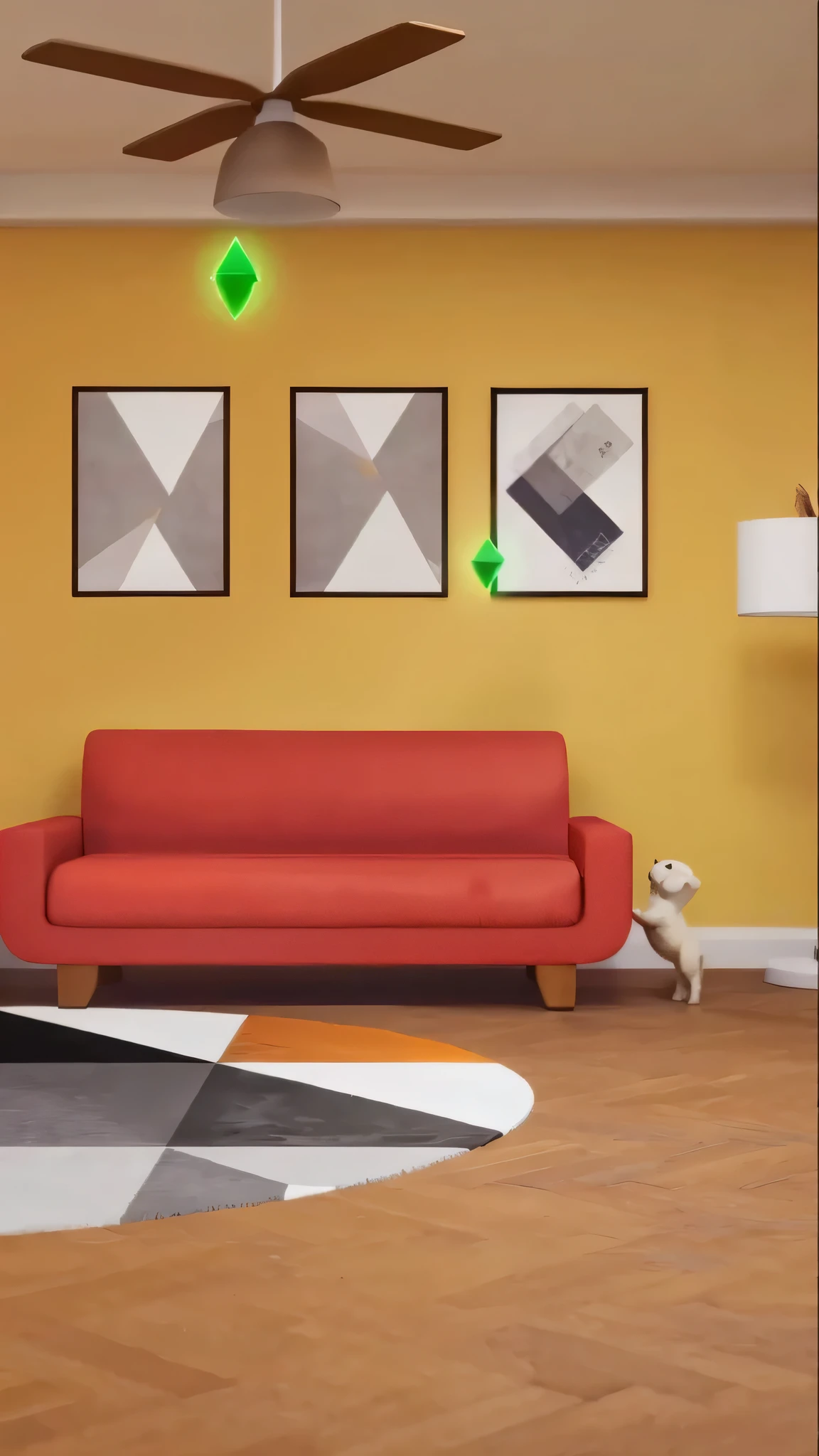 there is a red couch in the living room with a ceiling fan, in the living room, playful composition, nvidia ray tracing demo)), placed in the living room, animation style rendering, nvidia ray tracing demo), Ultra-realistic ray tracing, game screen, Ray tracing on, hyper Realistic ray tracing, nvidia ray tracing demo, Realistic ray tracing, living room background