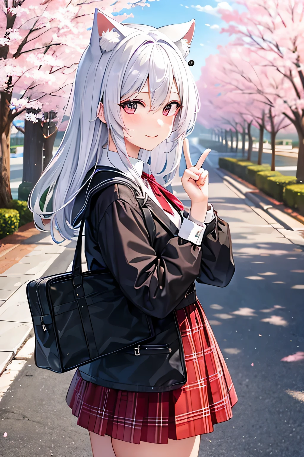 On the road where cherry blossoms bloom、A girl with white hair and cat ears is wearing a and making a peace sign.