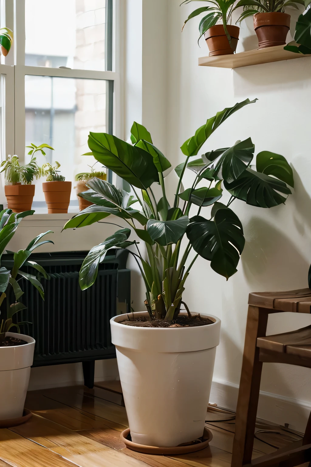 Repotting indoor plants, make a vivid image of the process of how a person replants a plant 