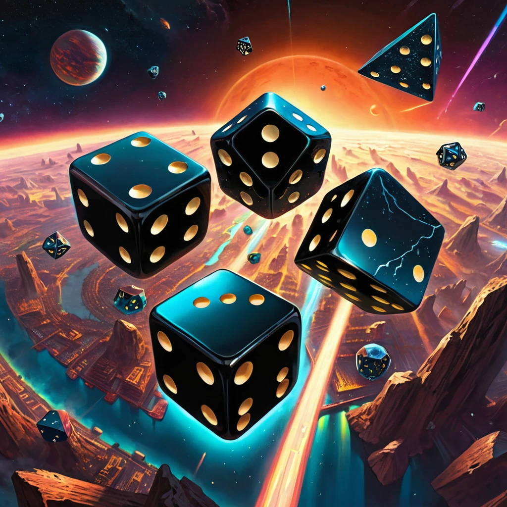 Two antique black dice are tossed over our planet in dynamic flight. Doubleexposure. Hyperrealism. Hyperdetalization. Gloominess. Dramatic. 32k., outer space, vanishing point, super highway, high speed, digital render, digital painting, beeple, noah bradley, cyril roland, ross tran, trending on artstation, ultra HD, bright colors, high detail, UHD pen and ink, perfect composition, intricate, high quality, masterpiece. best quality,, super detail