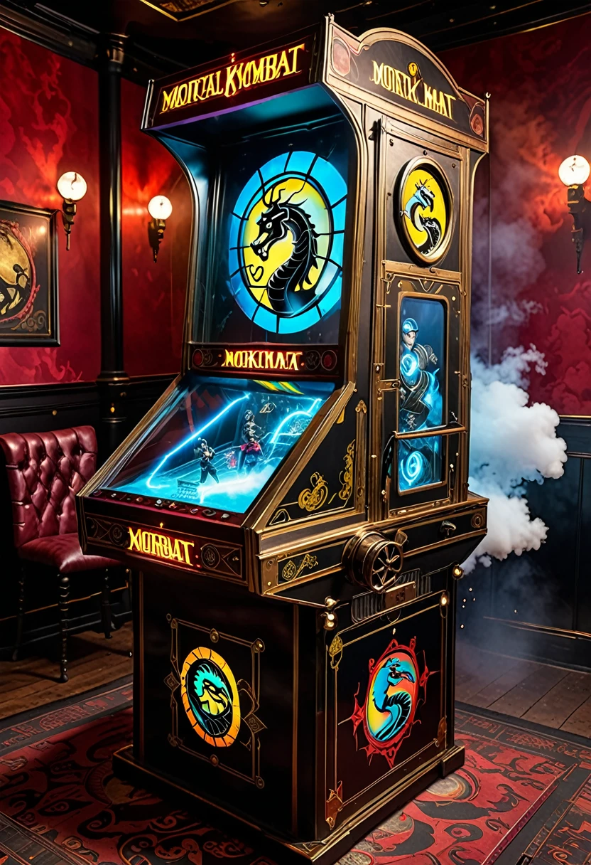 Mortal Kombat arcade game, made in 1800s England, steampunk machine, holographic gameplay projected on a cloud of steam
