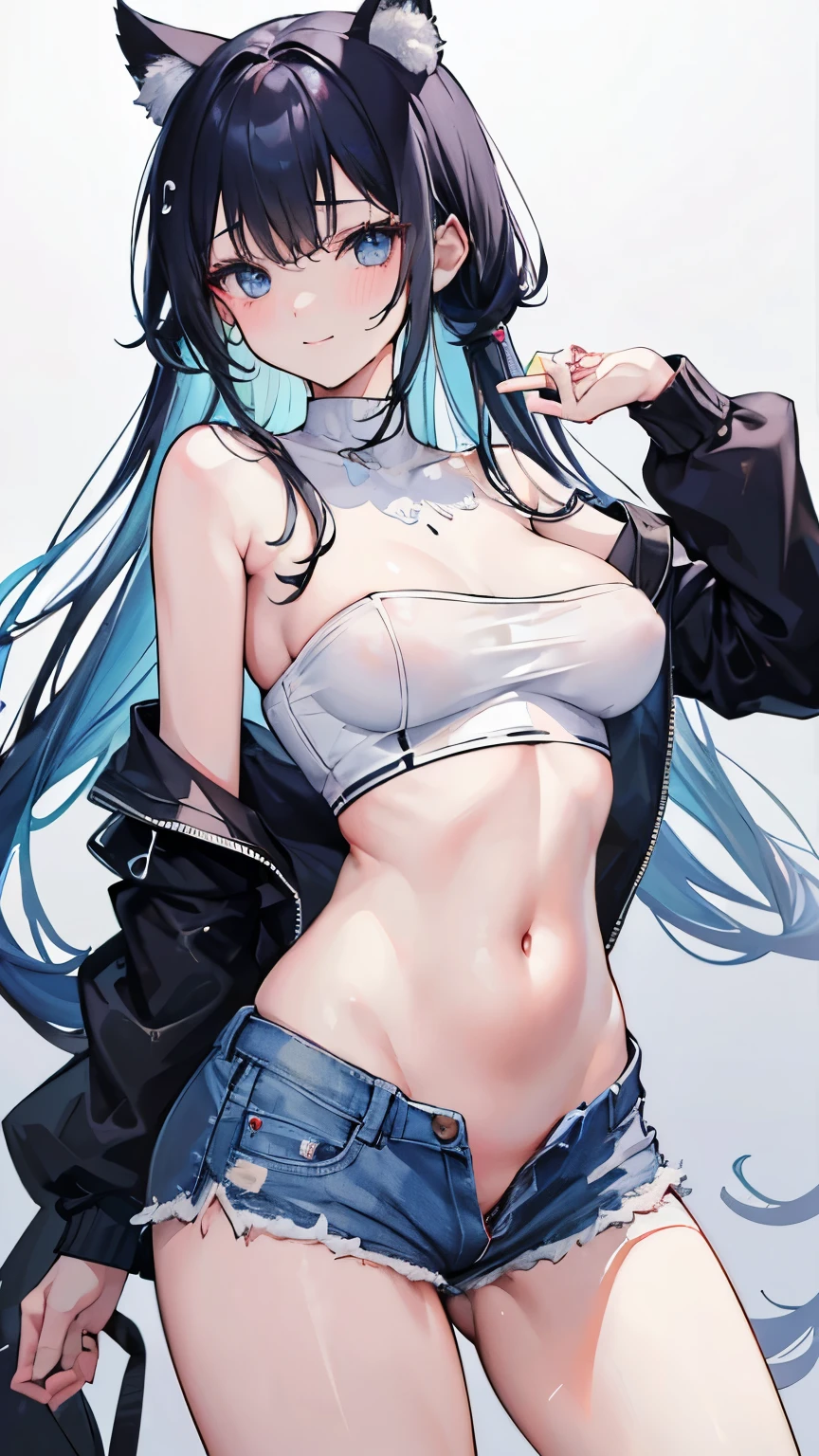 (8K、Highest image quality、best quality、masterpiece)、Detailed face、1 girl、,large breasts,smile showing teeth、The chest is moderate、white sweater、Off the shoulders、Strapless、belly button、Denim shorts、Cowboy shooting、fluid in ass、Fluid on the thighs、flowing liquid(Attractive ass:1.2),、exposed、disheveled、Clothing that fits snugly,exposed的胸部、(((Wet clothing))),tube top,(((ultra-thin clothing))),(Body model),((body outline)),(Stride),grinning, blush,Hyperactive expression,Rubbing hands on crotch,vulva contour,saliva,