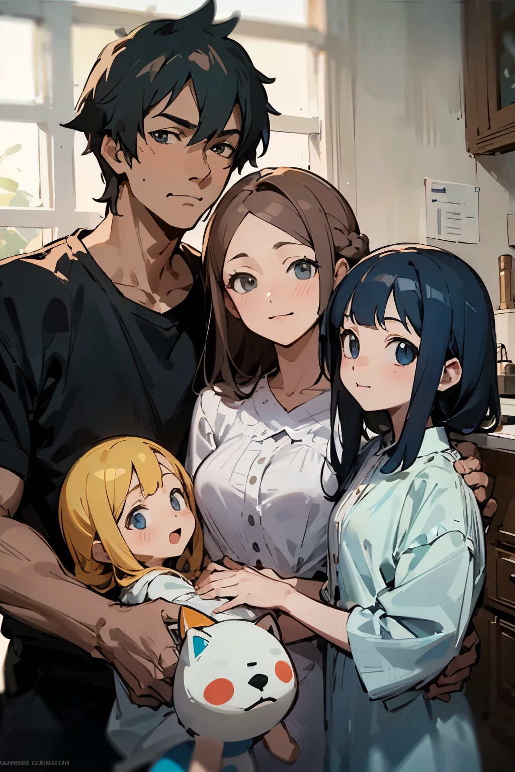 Family of 4,dad,Mother,elder sister,younger sister,at home,anime characters,perfect face,detailed,best quality,masterpiece