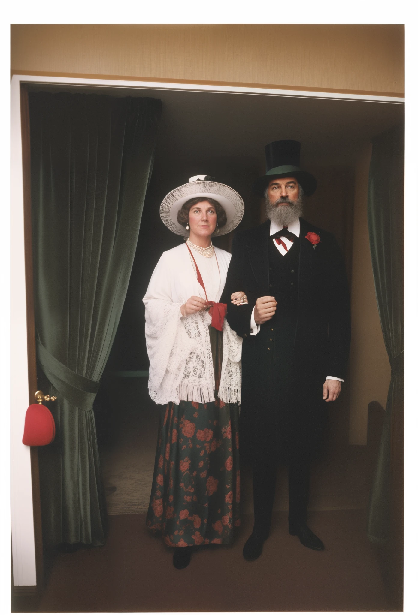 there are two people standing in a room together wearing hats, set photo in costume, both wearing victorian clothes, 1980s photo, 1 9 8 0 s photo, taken on 1970s kodak camera, photo from the 7 0 s, photo from the 70s, photo taken in doorway from hallway to livingroom, Dark green velvet curtains on the sides of the passage, bunter rock mit roten rosen, white stole for the woman, schwarzer anzug beim mann.