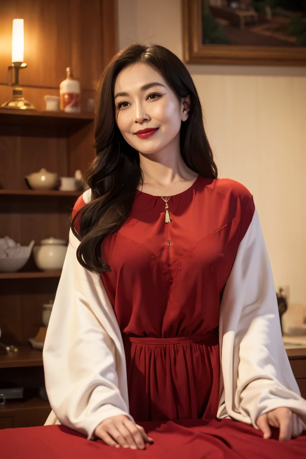 Draw lips correctly, red lipstick, from chest up, best quality, Super detailed, lifelike, Super fine skin, perfect anatomy, (韩国Mature的女人), (alone),Wear a round neck dress,long sleeves,wavy long hair,37-year-old female,Mature,charming smile,indoor background,stand,Slightly fat,medium chest,full-body shot。