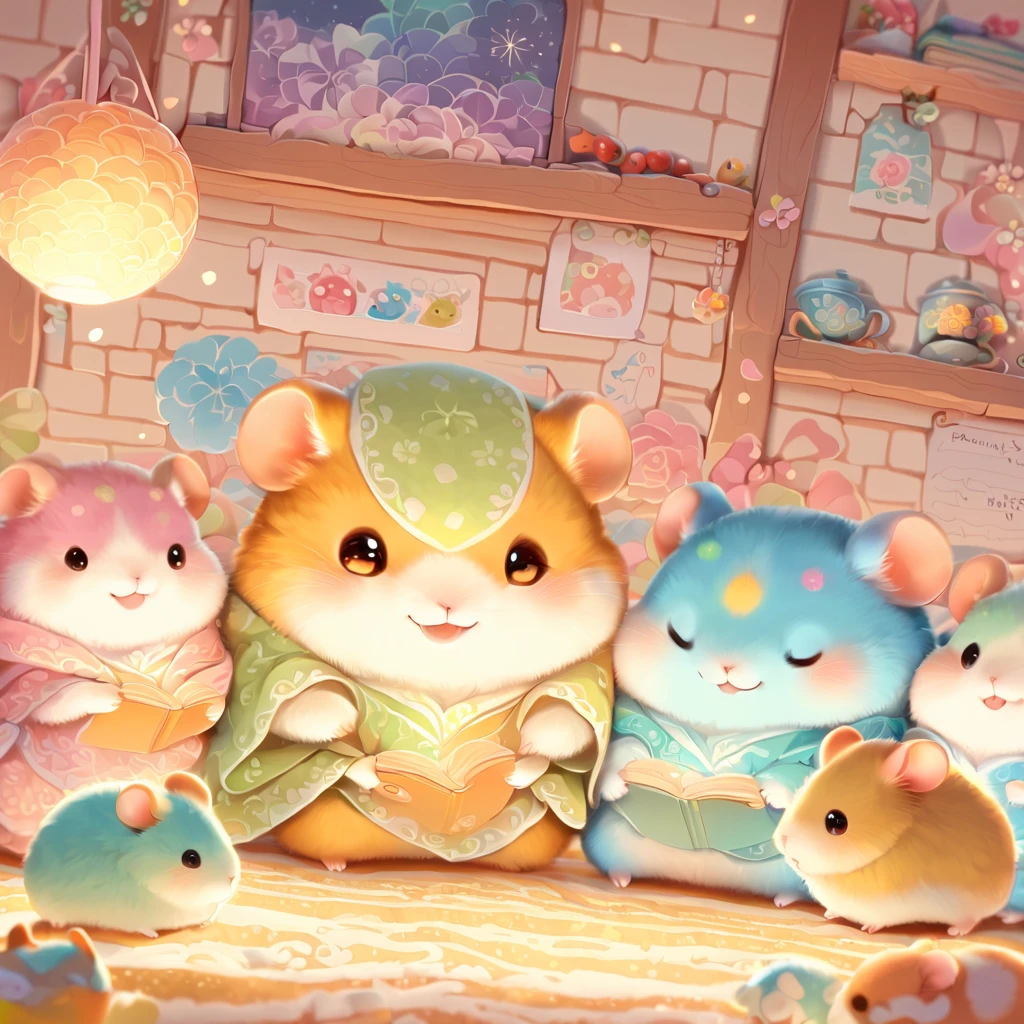 cuteAn illustration,hamsterの幼稚園,hamsterの親子:animal:cute:Snuggle up close:sleep:comfortable and warm:looks happy,An illustration,pop,colorfulに,color,dim,lamp light,hamsterの親子が眠っています:dream happy dreams,The room is warm and full of happiness,,colorful,fancy,fantasy,patchwork:quilt,Detailed details,fluffy,randolph caldecott style,hamster,最高にcutehamster,fluffyhamster,豊富なcolor,Cast colorful spells,concentrated,best configuration,perfect composition,accent,子供が喜ぶAn illustration,For kids,feel warm,wonderful like a dream,幸せで楽しそうなhamster達,Children's toys,dance,children&#39;s room,group photo,Little,Cast colorful spells,Sparkling