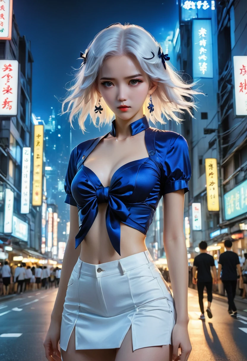 (8K, original photo, masterpiece:1.3), (actual, photo-actual:1.37), (night), (looking at the audience:1.331), (white hair), pose, Tokyo Street, nightcityscape, Cyberpunk City, soft light, 1 girl, extremely beautiful face, broken to pieces, hands down, Random hairstyle, random expression, big eyes, lower abdomen, (short sleeves .Jie Kang_shirt), Jie Kang_style, (dark blue Jie Kang_skirt), (bow Jie Kang_tie), Mix 4., best quality
