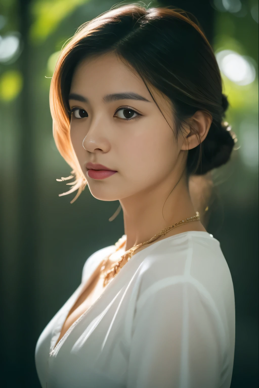 Asian lady wearing white shirt ,   necklace, small breasts, round breasts,  ((she)), ((medium shot, Upper body, thin waist)), hair up、 glowing eyes, nose blushing, Carl Larson, Alphonse Mucha, chiaroscuro, Film Glenn, reflected light, (((medium shot))), waist to top,Long lens shows the whole body, masterpiece, high detail, The sun shines on her, Shade of leaves, (()) ,
