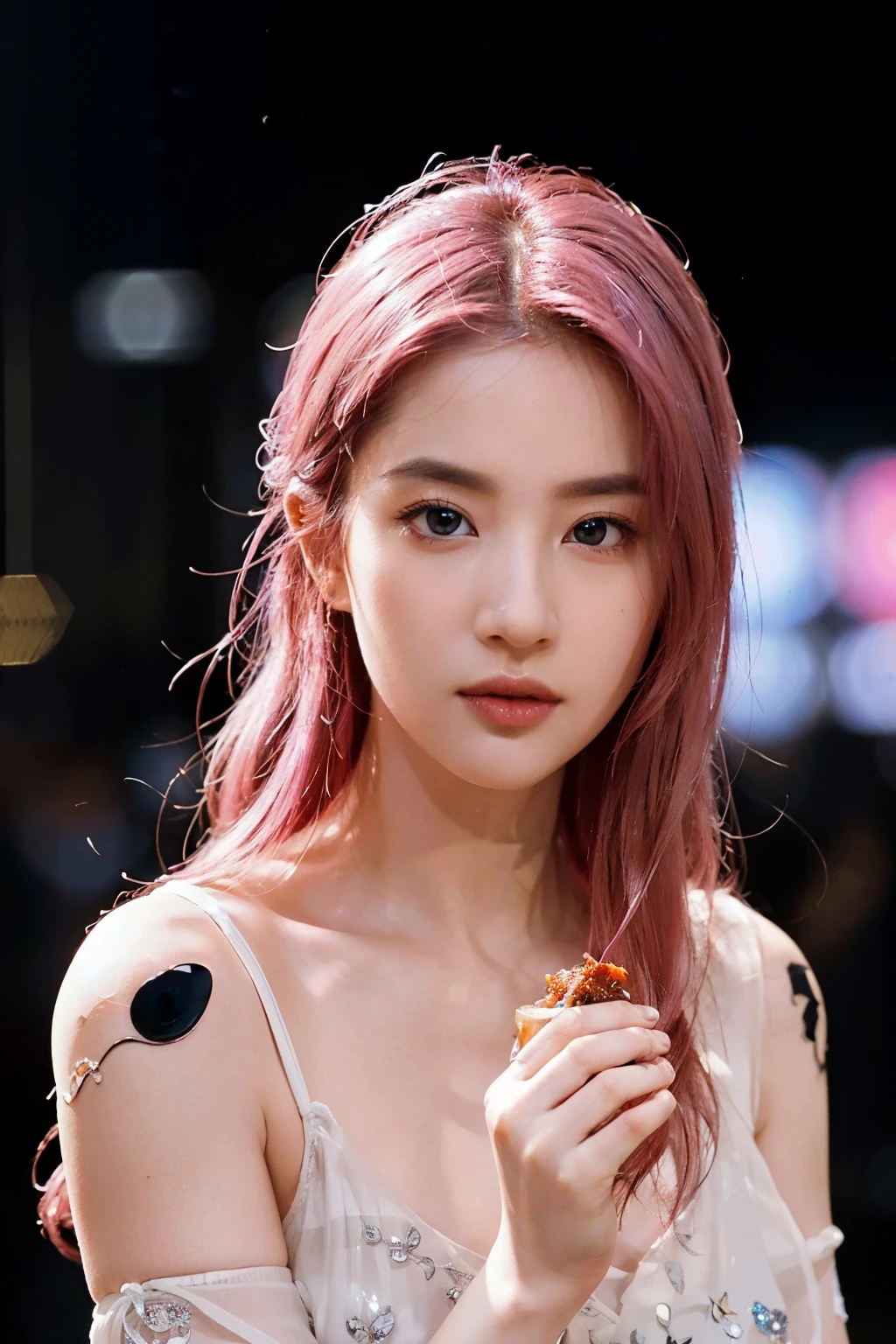 Seven part photos, masterpiece, best quality, official art,a girl with pink hair，Eat spicy hot，Very spicy，Enjoy the food happily，close shot， Extremely detailed CG 8k wallpaper,(Malatang in detail) ,  crystal texture skin, cold expression, Pink hair, long hair, messy hair, blue eyes, looking at the audience, extremely delicate and beautiful,   ((Beautiful and delicate eyes)), Very detailed, movie lighting,((pretty face), (original figure painting), Super detailed, Very detailed,  (extremely delicate and beautiful), Beautiful and delicate eyes, 