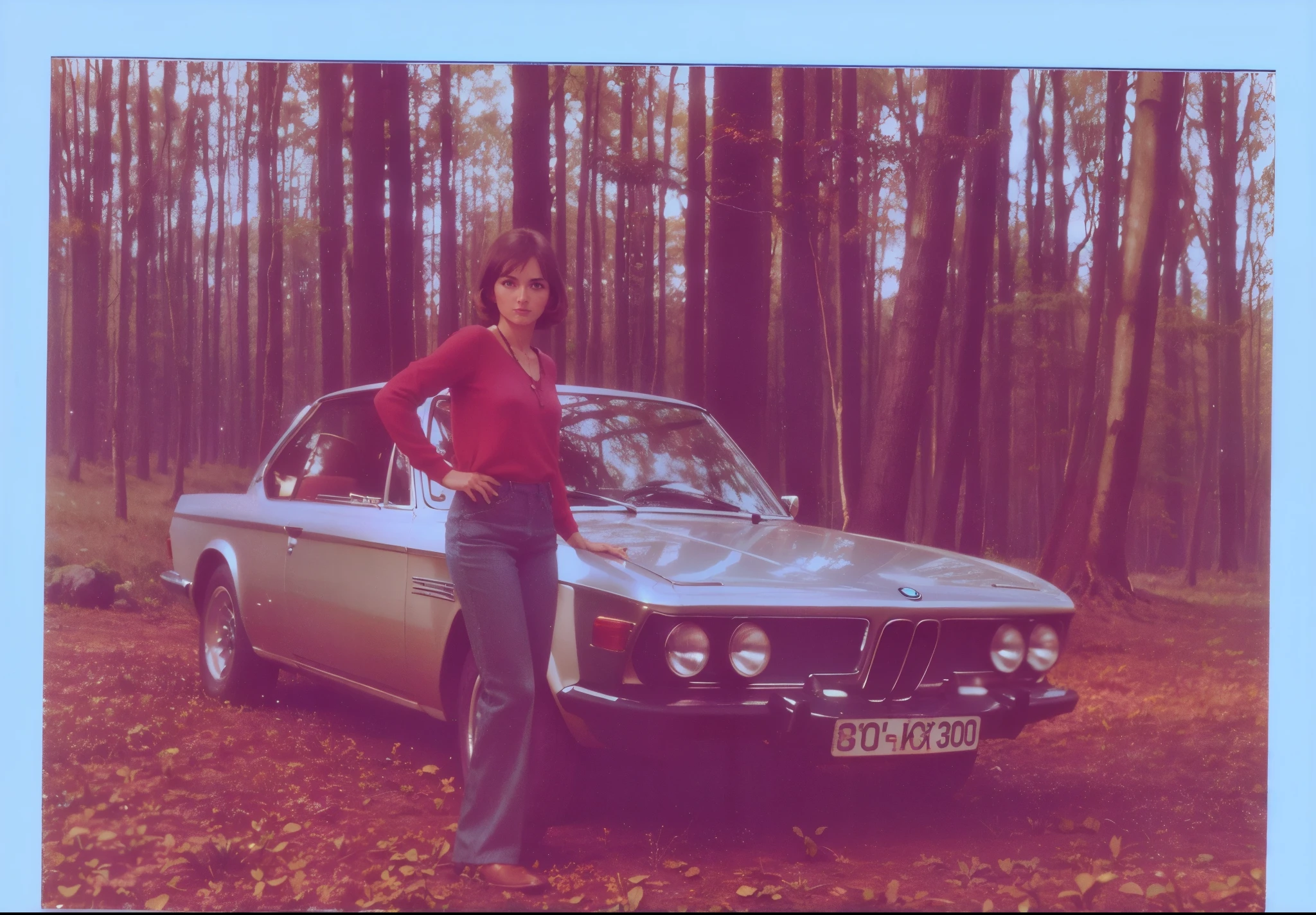 arafed woman standing next to a car in a forest, light silverblue metallic bmw 3.0 CSI, seventies, earth tones and soft color 1976, retro 1 9 7 0 s kodachrome, photo from the 7 0 s, photo from the 70s, color film photography 1970s, for 1 9 7 0 s'sci - fi