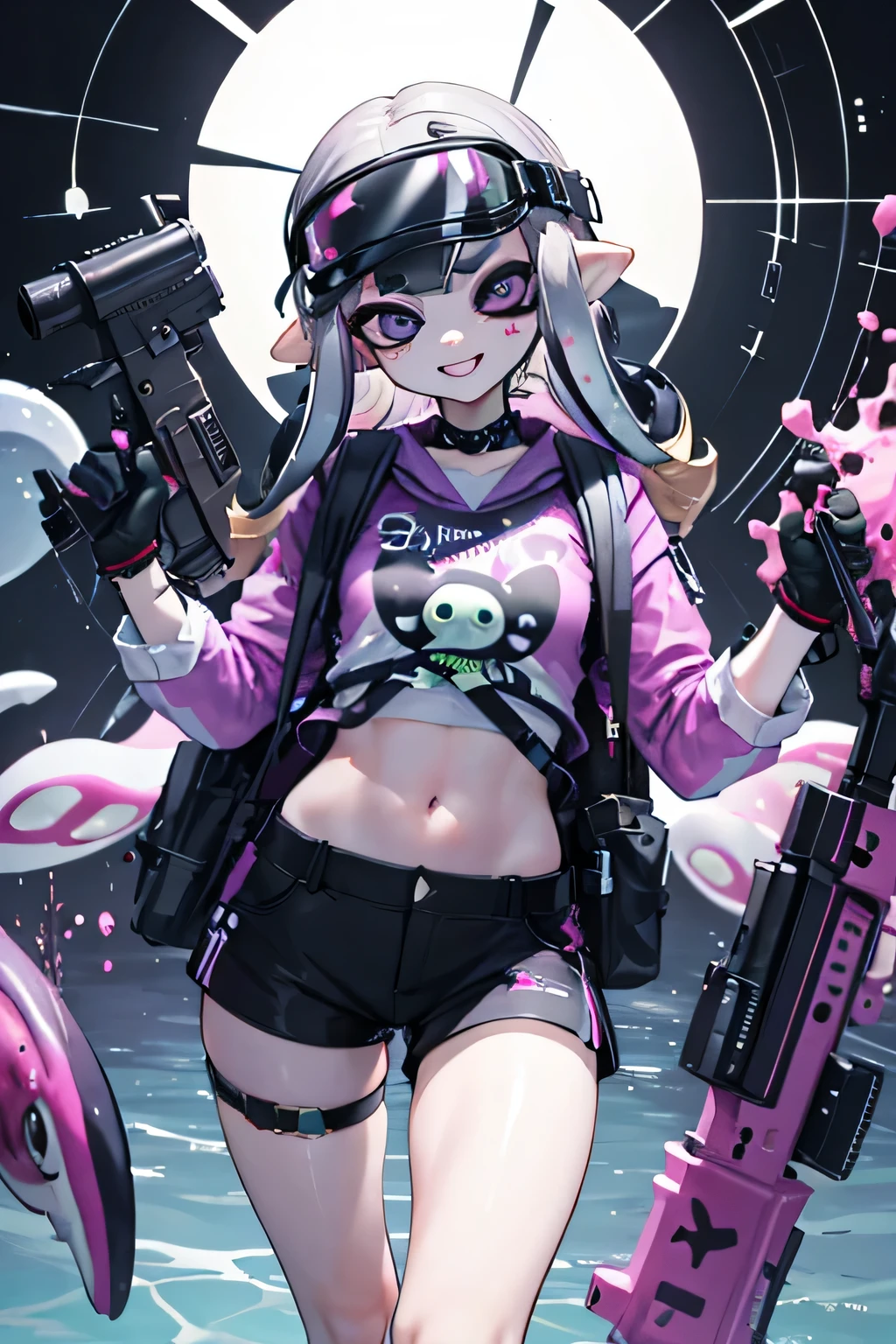 masterpiece, best quality, high quality, 1girl, solo, cute girl, ((purple eyes): 1.2), well-aligned eyes, extremely detailed face, perfect face symmetry, backpack, (splatoon inkling, tentacle hair), toy gun, water gun, ink tank, amazing composition, skinny legs, wide hips, visible collabone, (saturated colours, vibrant), incredible lighting, smiling, colorful paint splatters, ((vr visor, cyber wearface)), shorts
