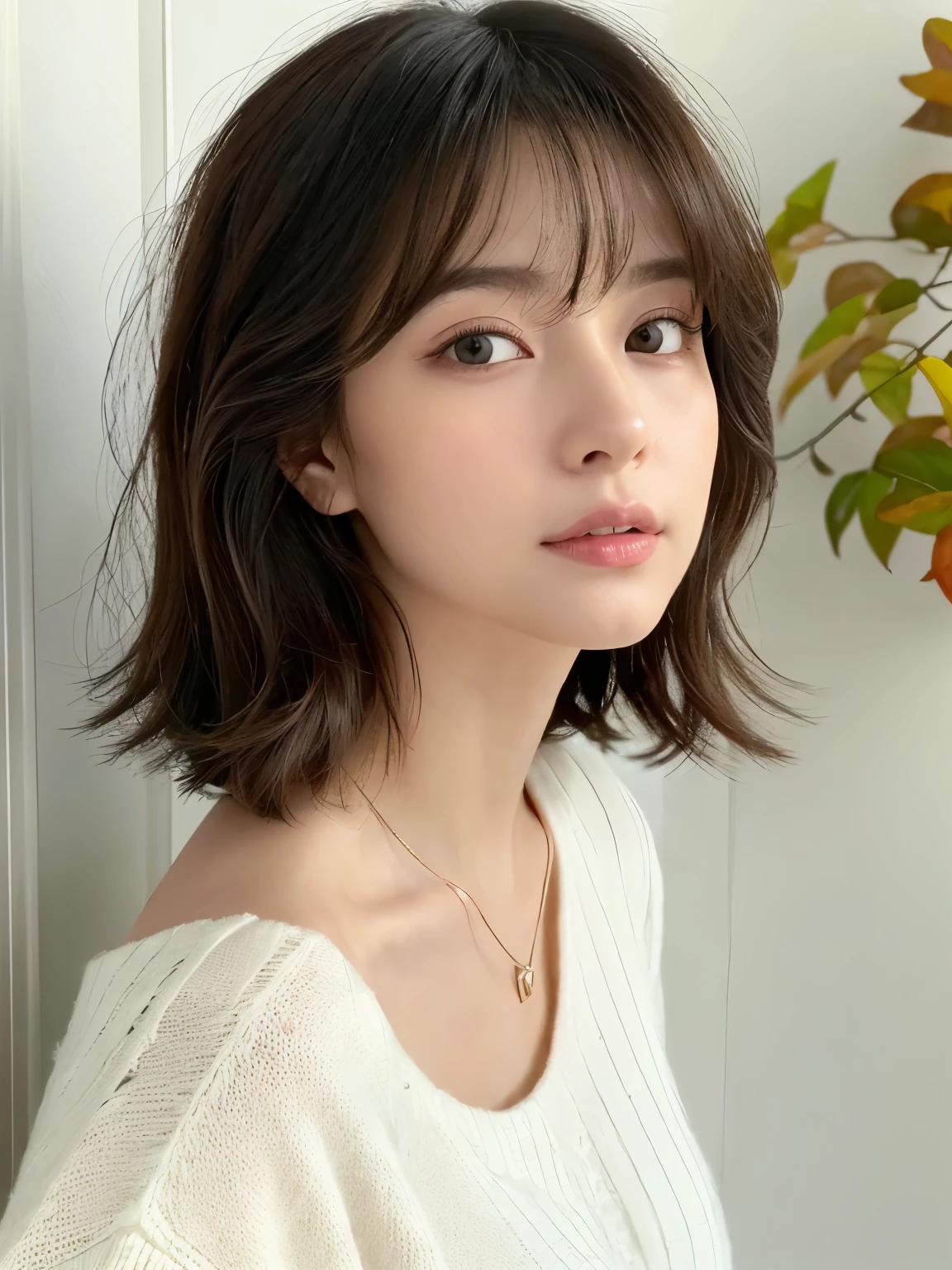 (top-quality、8K、32K、masterpiece、nffsw:1.2)、cute little日本人女性の写真、large full breasts、very short bobbed hair、The upper part of the body、sface focus、Oversized_Sweaters、a necklace、simple background、From above、looking at the viewerix4、(8K、Raw photography、top-quality、masterpiece:1.2)、(realisitic、Photorealsitic:1.37)、1girl in、cute little、profetional lighting、photon maping、physically-based renderingt、Gradient Brunette Hair、short curly hair、a handsome、Girly、superior image quality、hight resolution、1080p、(Clear face)、(Detailed face description)、(Detailed hand description)、(masuter piece)、(Exquisite CG)、 extreme light and shadows、hair messy、masterpiece、lush detail、(Exquisite facial features)、(The highest image quality)、(masterpiece)、(A detailed eye)、Looking forward to your eyes、Delicate collarbones、Poses variadas、don't watch mela、profile、white walls、Taken in front of the white door、(white walls room with window)、Autumn clothes、Winter clothes、simple a necklace、T-shirt