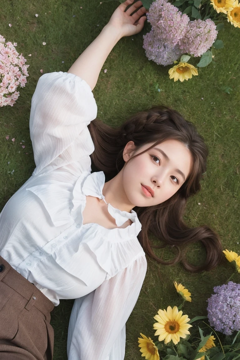 1girl,french braid,frilled shirt,lying on the grass,too many flowers,film grain,brown pants,from above,on back,dutch angle,