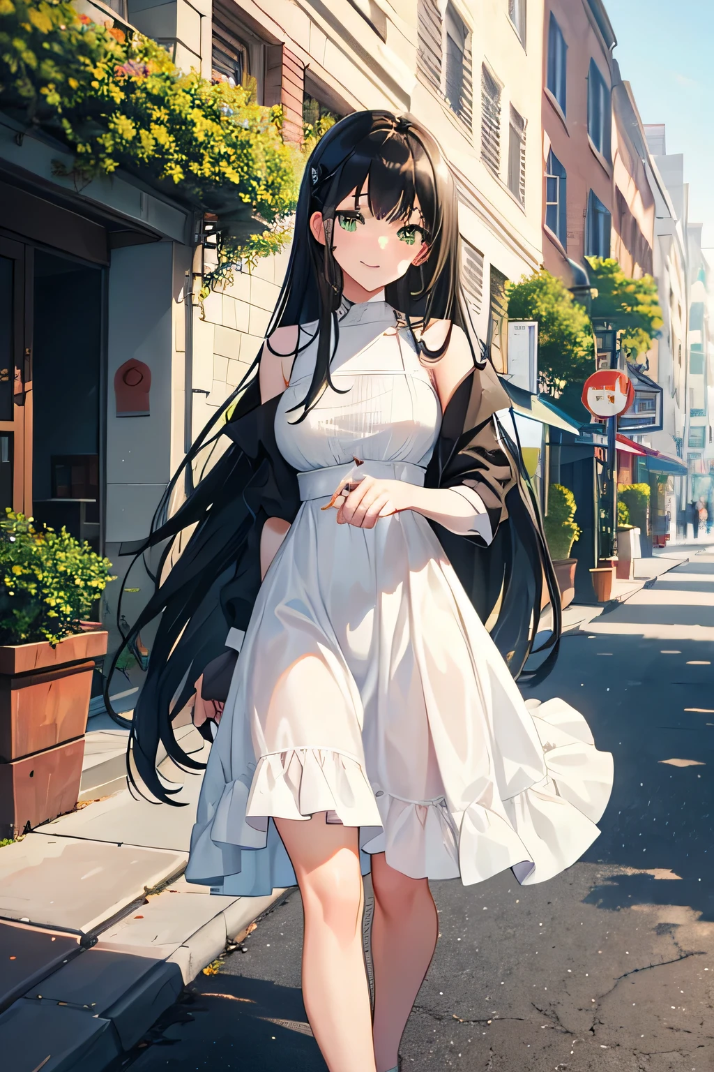 1 girl, 2 green eyes, long black hair, smiling, mature, white sundress that goes to knee, walking on empty sidewalk, clear skies