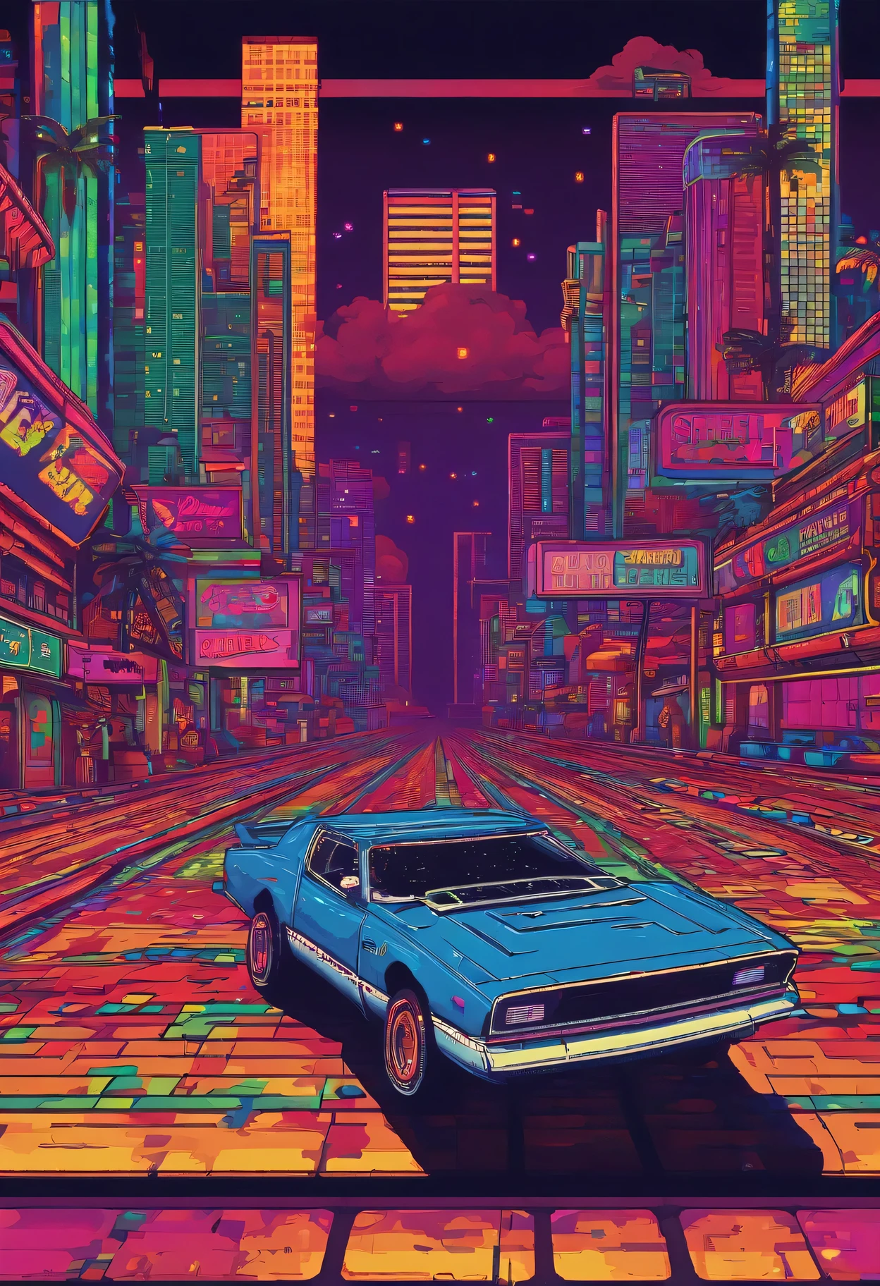 retro 8-bit pixel art:race car,retro style,fast-paced,exciting action,futuristic cars,fuel,checkered flags,track,neon lights,arcade game,high score,explosions,dynamic movement,adrenaline rush,high speed,retro game sound effects,vibrant colors,retro game graphics,vintage gaming experience