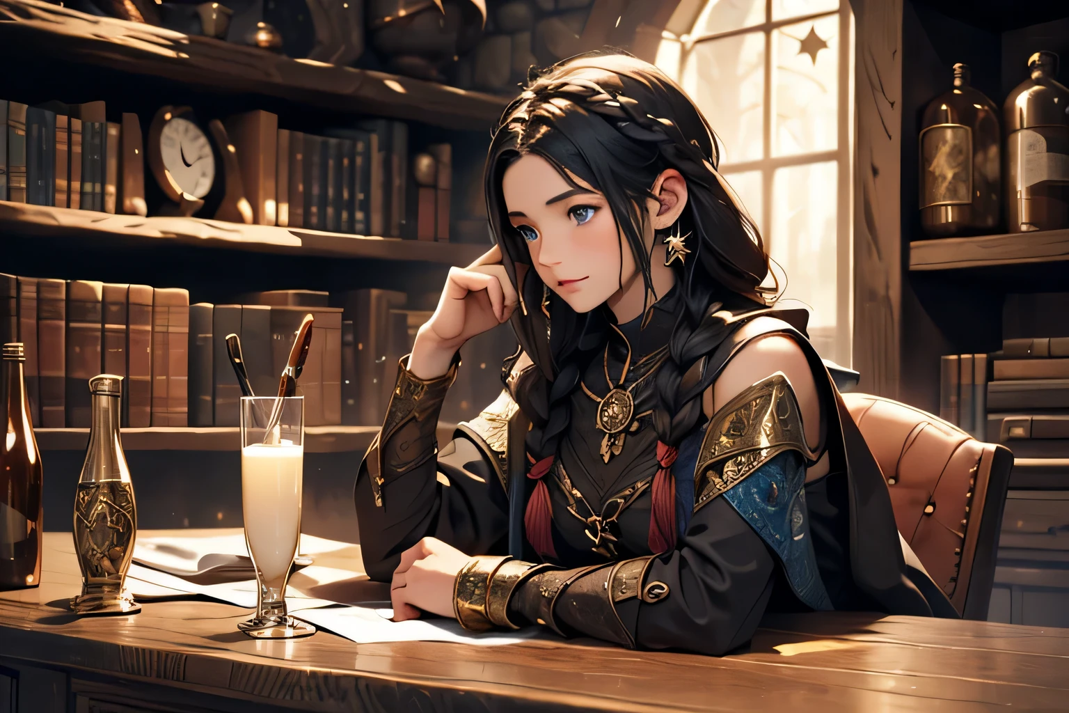 Illustrate a girl with long, braided black hair in a medieval setting, three filled bags on the table, and a star rune, with a whimsical and mystical feel. intricate details, fantasy genre