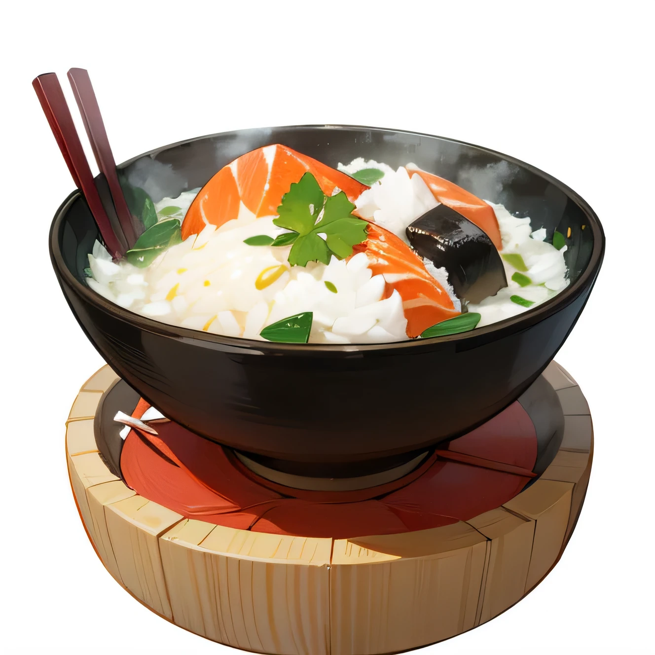 Cute cartoon a bowl of ochazuke with chopsticks, against a white background.