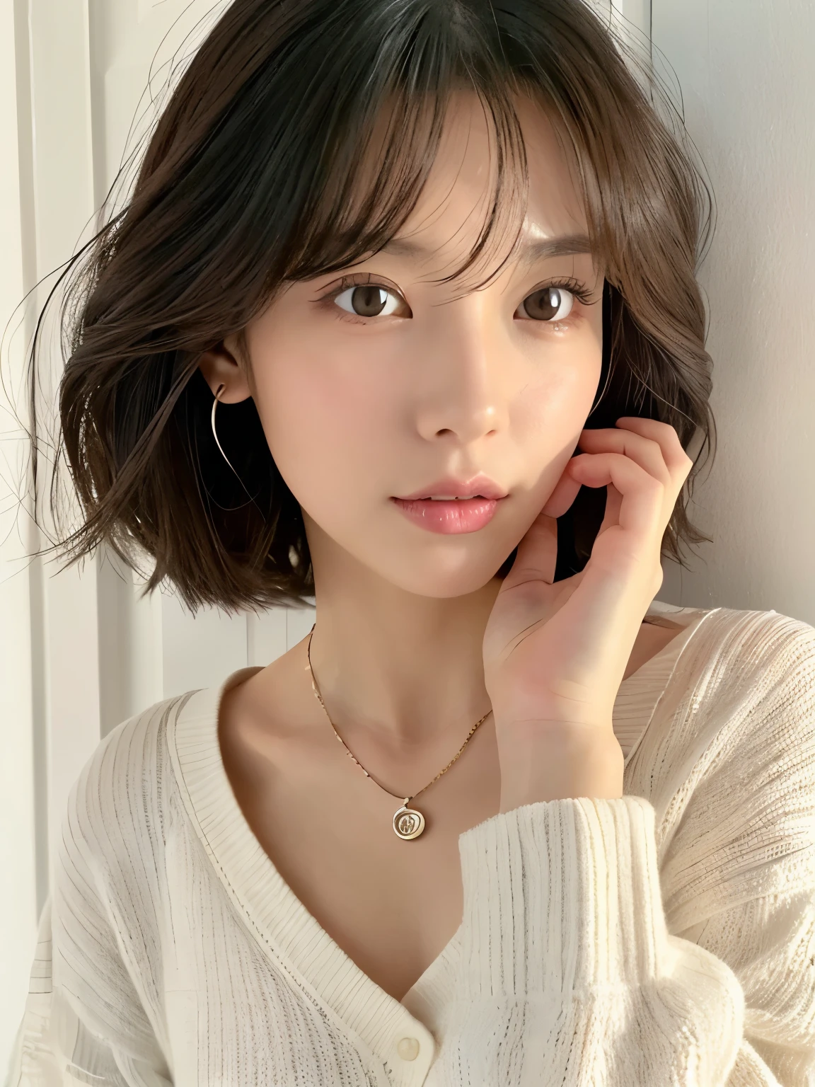 (top-quality、8K、32K、masterpiece、nffsw:1.2)、cute little日本人女性の写真、large full breasts、very short bobbed hair、The upper part of the body、sface focus、Oversized_Sweaters、a necklace、simple background、From above、looking at the viewerix4、(8K、Raw photography、top-quality、masterpiece:1.2)、(realisitic、Photorealsitic:1.37)、1girl in、cute little、profetional lighting、photon maping、physically-based renderingt、Gradient Brunette Hair、short curly hair、a handsome、Girly、superior image quality、hight resolution、1080p、(Clear face)、(Detailed face description)、(Detailed hand description)、(masuter piece)、(Exquisite CG)、 extreme light and shadows、hair messy、masterpiece、lush detail、(Exquisite facial features)、(The highest image quality)、(masterpiece)、(A detailed eye)、Looking forward to your eyes、Delicate collarbones、Poses variadas、don't watch mela、profile、white walls、Taken in front of the white door、(white walls room with window)、Autumn clothes、Winter clothes、simple a necklace、T-shirt