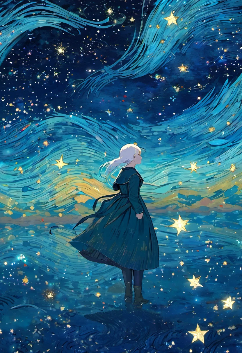 fantasy　masterpiece　van gogh　starry sky　universe　cute girl　white hair　