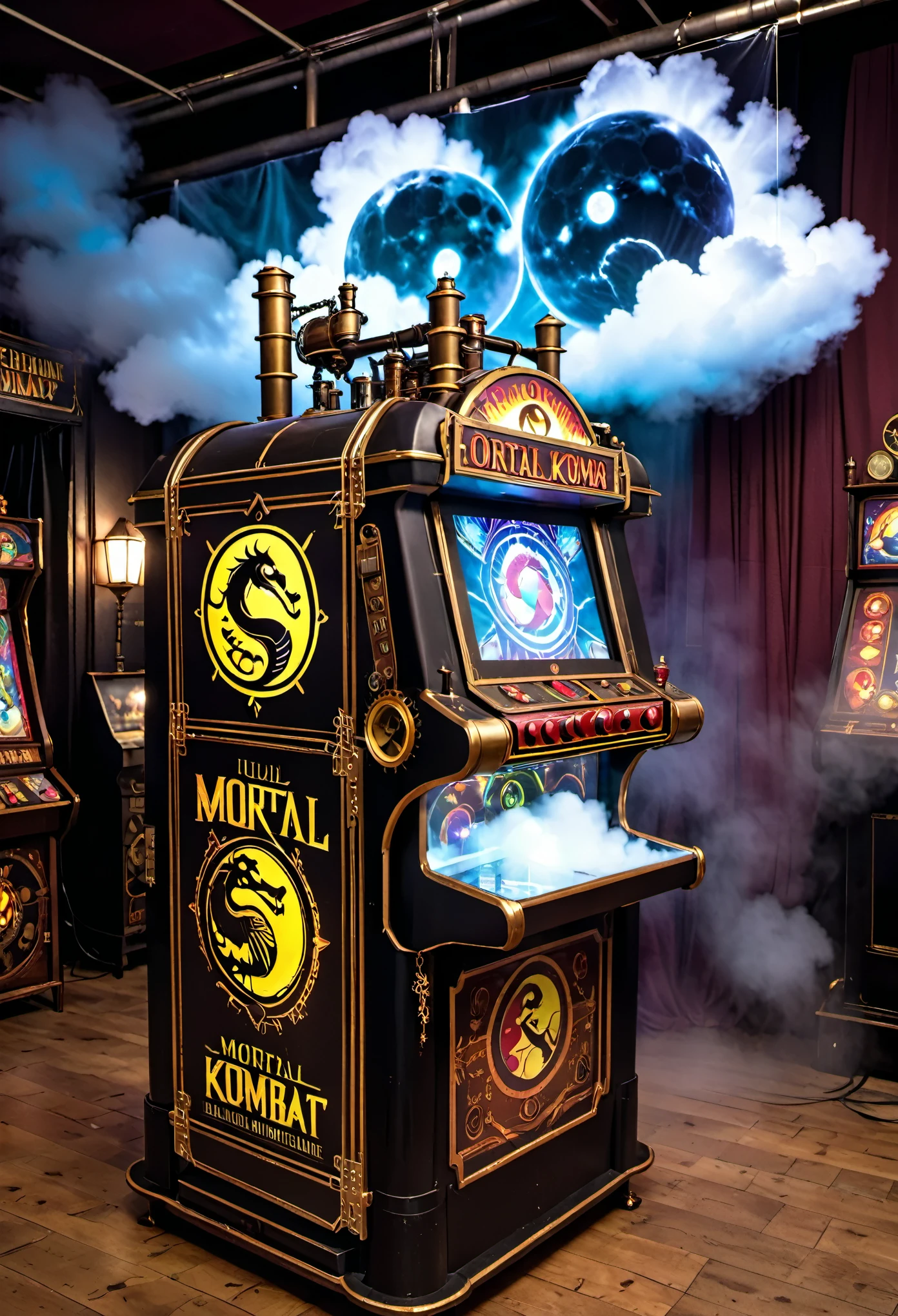 Mortal Kombat arcade game, made in 1800s England, steampunk machine, holographic gameplay projected on a cloud of steam
