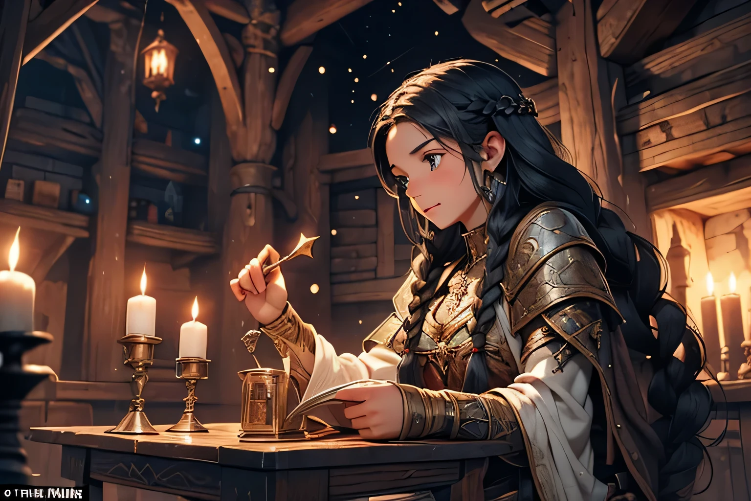 Illustrate a girl with long, braided black hair in a medieval setting found three filled bags on the table, and a star rune in a dungeon room, with a whimsical and mystical feel. intricate details, fantasy genre