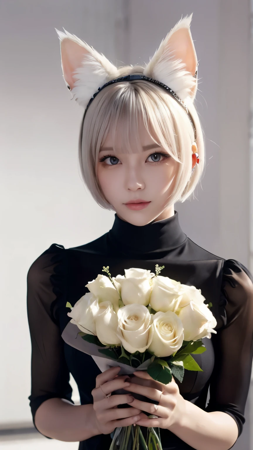 masterpiece, 4k, Bokeh, beautiful face, Harem, (Cat ears:1.3), (white bob hair:1.3) , looking at the viewer, cowboy shot, holding a large bouquet of white roses in both hands, (white room :1.4), closeup