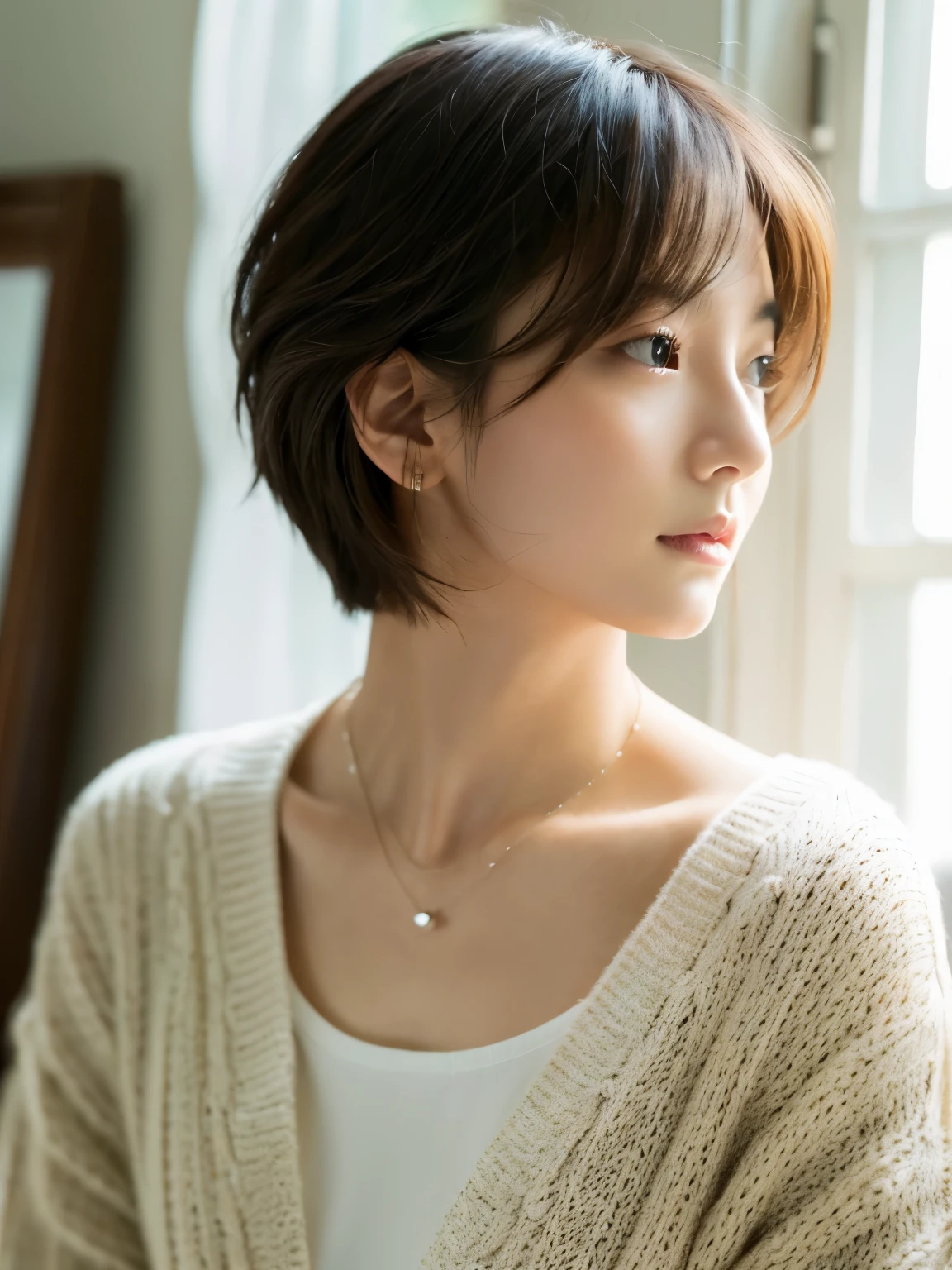 (top-quality、8K、32K、masterpiece、nffsw:1.2)、cute little日本人女性の写真、large full breasts、very short bobbed hair、The upper part of the body、sface focus、Oversized_Sweaters、a necklace、simple background、From above、looking at the viewerix4、(8K、Raw photography、top-quality、masterpiece:1.2)、(realisitic、Photorealsitic:1.37)、1girl in、cute little、profetional lighting、photon maping、physically-based renderingt、Gradient Brunette Hair、short curly hair、a handsome、Girly、superior image quality、hight resolution、1080p、(Clear face)、(Detailed face description)、(Detailed hand description)、(masuter piece)、(Exquisite CG)、 extreme light and shadows、hair messy、masterpiece、lush detail、(Exquisite facial features)、(The highest image quality)、(masterpiece)、(A detailed eye)、Looking forward to your eyes、Delicate collarbones、Poses variadas、don't watch mela、profile、white walls、(white walls room with window)、Autumn clothes、Winter clothes、simple a necklace、T-shirt