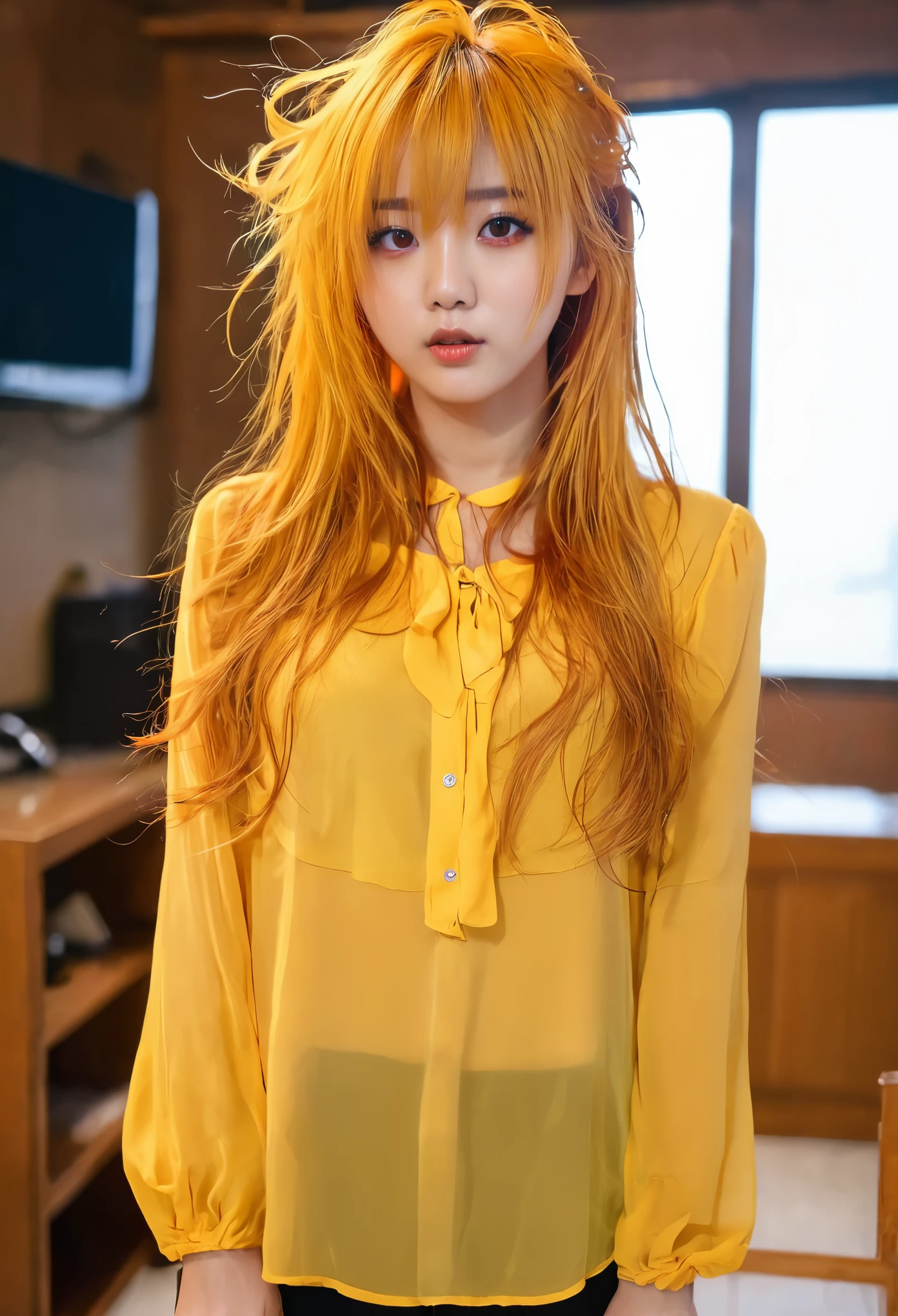 Nsfw、(((1 girl))), ((((alone)))), ((messy hairstyle)), stand and take a photo, (((reddish yellow hair)), red eyes, soft blouse