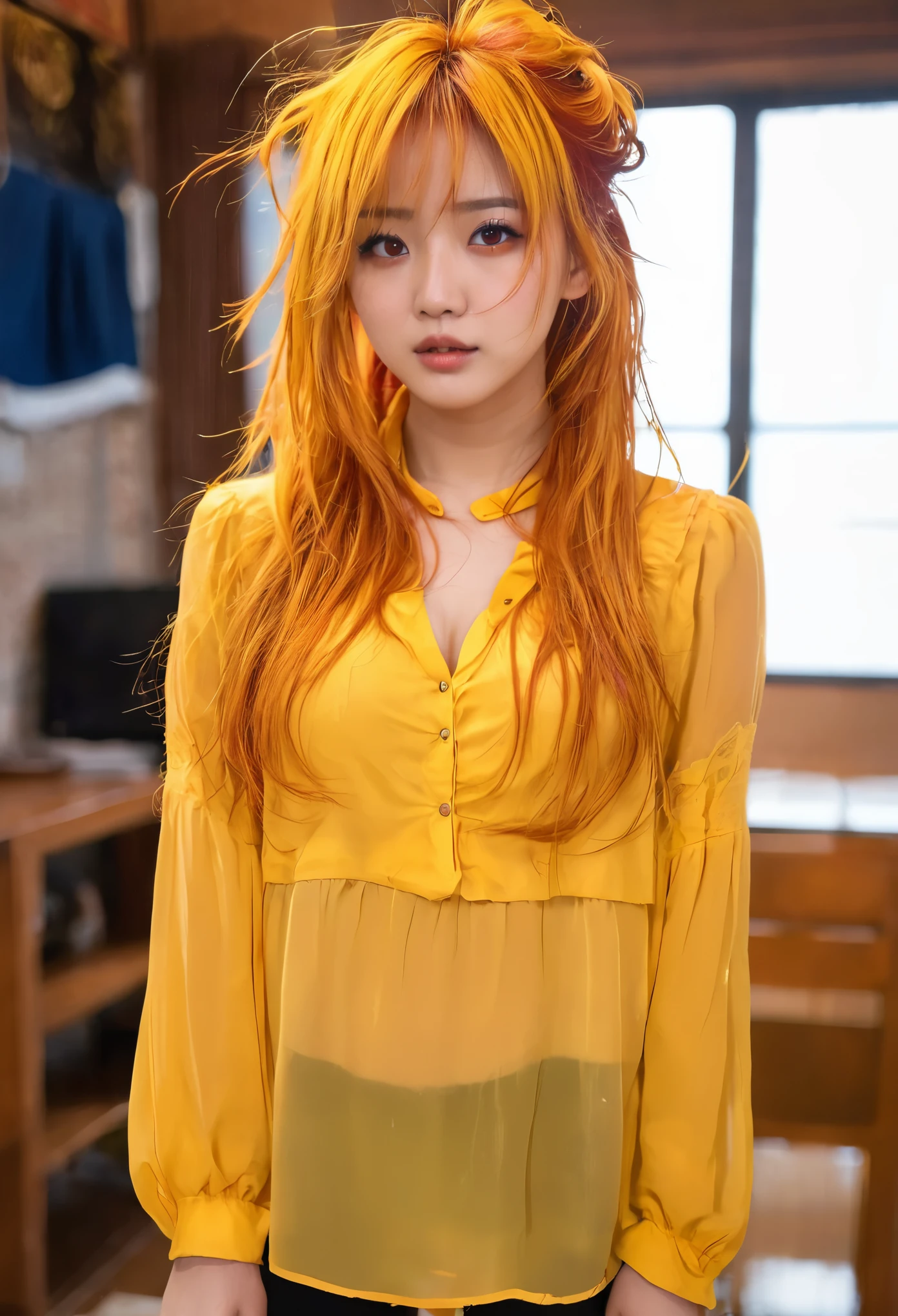 Nsfw、nude、(((1 girl))), ((((alone)))), ((messy hairstyle)), stand and take a photo, (((reddish yellow hair)), red eyes