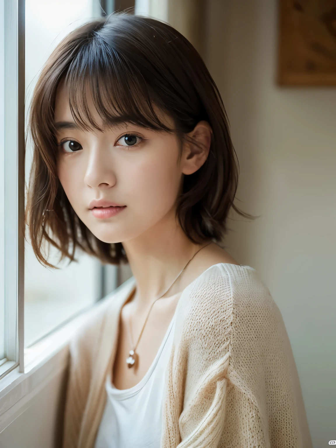 (top-quality、8K、32K、masterpiece、nffsw:1.2)、cute little日本人女性の写真、large full breasts、very short bobbed hair、The upper part of the body、sface focus、Oversized_Sweaters、a necklace、simple background、From above、looking at the viewerix4、(8K、Raw photography、top-quality、masterpiece:1.2)、(realisitic、Photorealsitic:1.37)、1girl in、cute little、profetional lighting、photon maping、physically-based renderingt、Gradient Brunette Hair、short curly hair、a handsome、Girly、superior image quality、hight resolution、1080p、(Clear face)、(Detailed face description)、(Detailed hand description)、(masuter piece)、(Exquisite CG)、 extreme light and shadows、hair messy、masterpiece、lush detail、(Exquisite facial features)、(The highest image quality)、(masterpiece)、(A detailed eye)、Looking forward to your eyes、Delicate collarbones、Poses variadas、don't watch mela、profile、white walls、(white walls room with window)、Autumn clothes、Winter clothes、simple a necklace、T-shirt