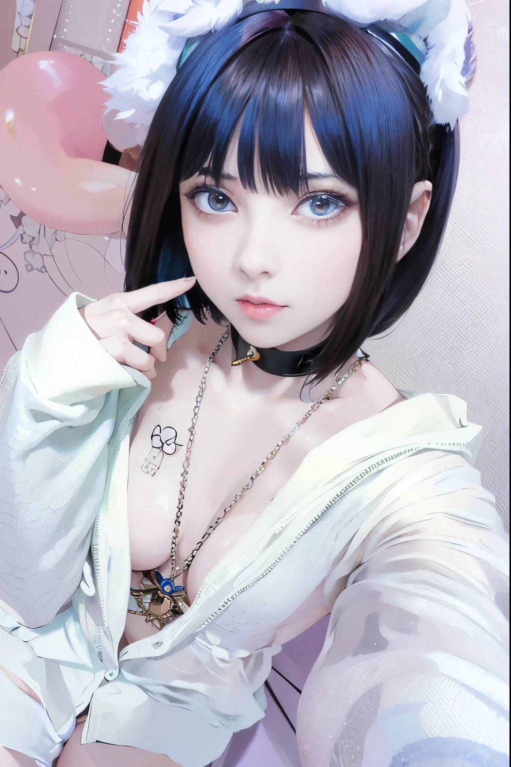 Alarin with blue hair and white shirt posing for photo, real anime girl, anime girl cosplay, Ulzzang, Kurohime cut hair, pure white skin, 1 7 -  anime goth girl, anime cosplay, inspired by anime, Black-haired Sui Ishida, A mix of anime style and Fujifilm, cruel korean goth girl, cosplay