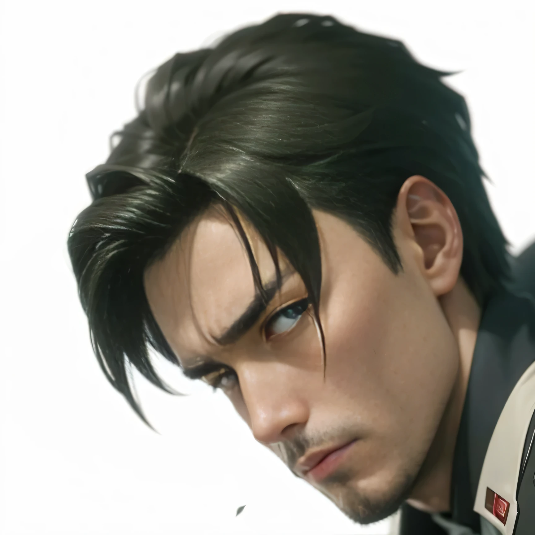 (best quality,4k,8k,highres,masterpiece:1.2),ultra-detailed,(realistic,photorealistic,photo-realistic:1.37), portrait, studio lighting, vivid colors, fine lines, detailed clothing, ink wash technique, cool tones(bluish), bright highlights, dramatic lighting, anime style, new-age realism, intense expression, confident pose, Levi Ackerman from Attack on Titan, stylish tie, vest, professional animator, Hiroyuki Sawano's music playing in the background, dynamic perspective, pens and pencils scattered on the desk, clean and organized workspace, high-tech drawing tablet, dynamic brushwork, strong character design, intense gaze, intricate background scenery, layered composition,Young Asian men,Asian handsome guy,Chinese handsome guy