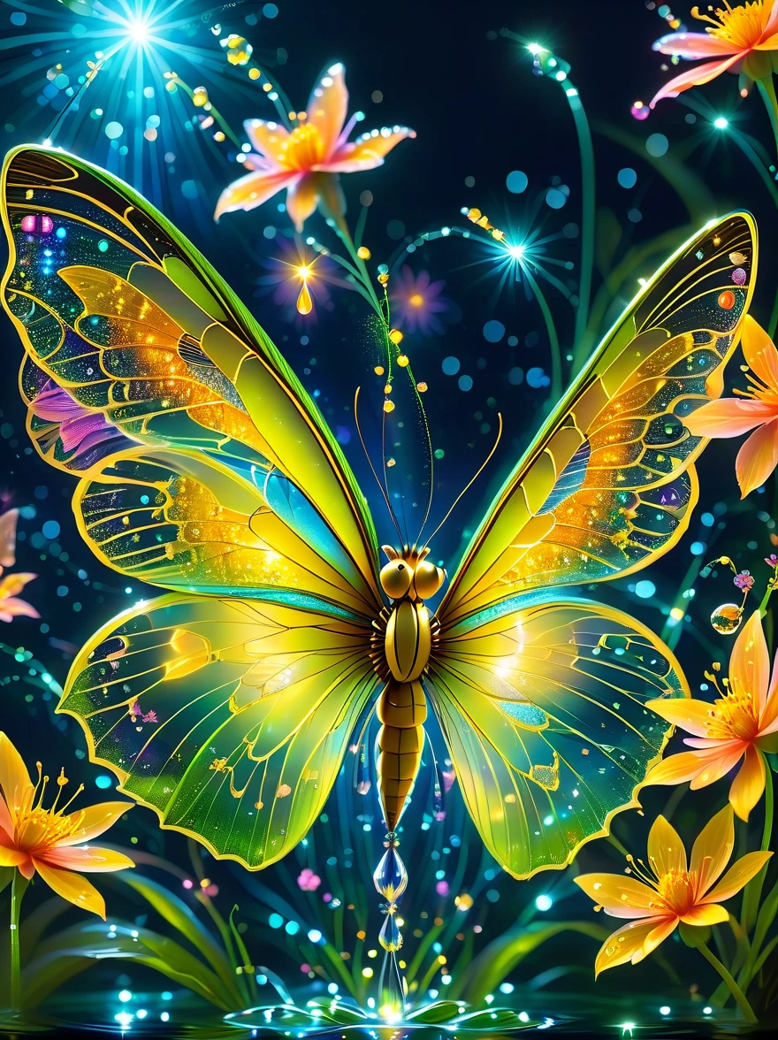 lighting art
Low light photography,a masterpiece of masters,vivid color,light particles,sparkle view,dews,(riverside),night,beautiful glowing flowers, dew, butterfly, transparent wings, Pollen dancing,Focus on the stamen,Bokeh,best quality,extreme details,no humans, water drop,High definition, ultra-high resolution, fantasy, rim, photography, capillary, cover art, national geographic magazine style