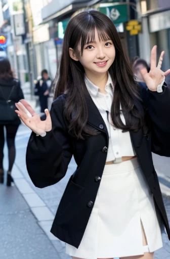 best quality, detailed, beautiful, insanely detailed, absurdres,perfect anatomy,
Japanese woman,black hair,27 years old,
(slender),
(small breasts),
hopeful, smiling, waving at the camera, curly hair, hair between eyes, office lady,(white skirt, long sleeves, pantyhose, white jacket:1.1), on the street, cowboy shot, dutch angle shot